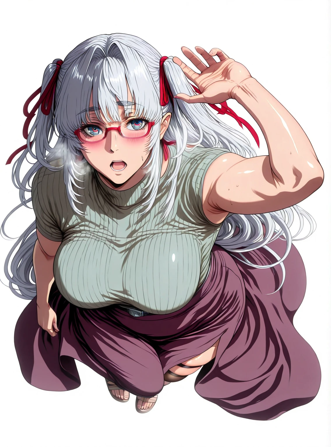 L_Cation2, Babu-style, Hgk, (yoshio_(55level)-style:1.4), (mostlybluewyatt-style:1.3), (haikawa_hemlen-style:1.2), (imizu_(nitro_unknown)-style:1.3), (anime coloring, anime screencap), shiny skin, (voluptuous body:1.4), (mature female:1.4), (cellulite:1.3), ((vignetting)), ((anatomical correct)), ((Cinematic, high quality, newest, UHD, masterpiece)),, perfect body, perfect eyes, perfect fingers, gasping, heavy breathing, gasping profusely, ((skindentation)), ((curvy)), white hair, absurdly long hair, sidelocks, two side up, hair ribbon, multicolored eyes, bangs, ((square pupils, big pupils)), plump, 1girl, solo, glasses, breasts, skirt, open_mouth, red-framed_eyewear, looking_at_viewer, white_background, purple_skirt, frills, blush, simple_background, from_above, sandals, fisheye, close-up