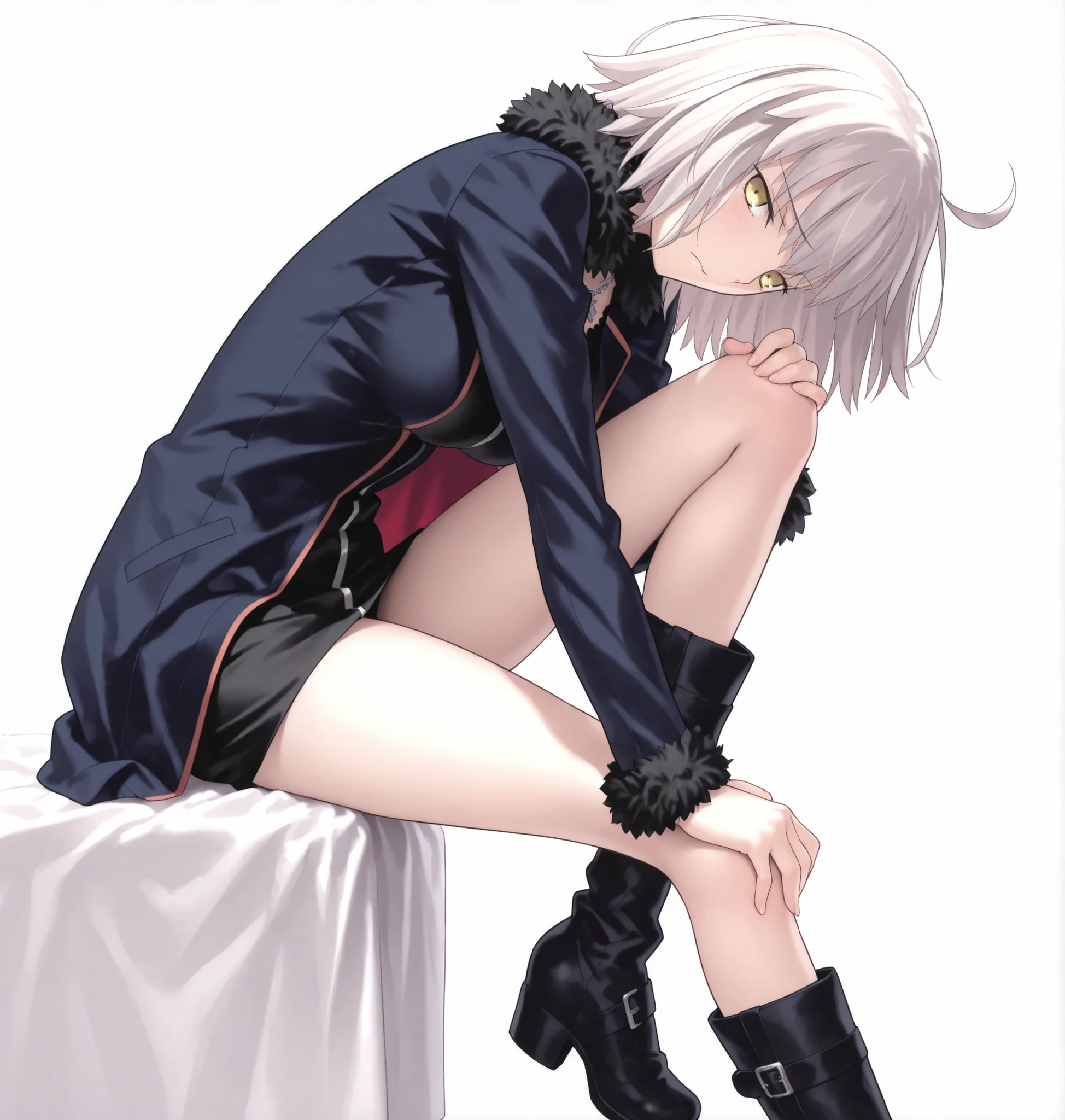 masterpiece, , absurdres, highres, detailed background, high resolution, masterpiece, necessary, detail, best quality, quality, necessary, details, High details, Precise, 8k, ,(white background, simple background), , from side, upper body ,
1girl, , (type-moon) style, ,Takeuchi Takashi style, (aged up), long legs, (sitting, one knee up), , , head tilt (),
very tall girl, girl, slim arms ,Jeanne d'arc alter shinjuku , short hair ,yellow eyes, half-closed eyes, light gray hair, ,jacket, high boots,(one_knee,hand_on_own_knee),looking_at_viewer, , light embarrassed,,