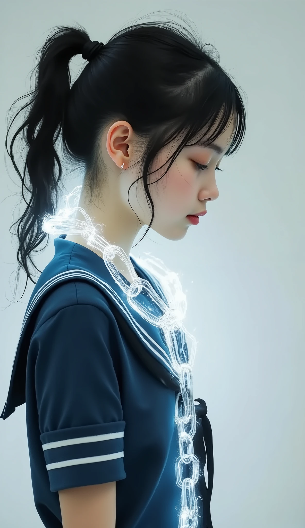 abstract art, Combining a minimalist profile with blended identity, side view, delicate 13yo neat girl in neat navy sailor school uniform, her body wrapped in white glowing chains, She wants freedom from bondage, stunning light expression, hyper photorealism, Biologically correct images, innocence, neat and clean, Highest resolution, masterpiece