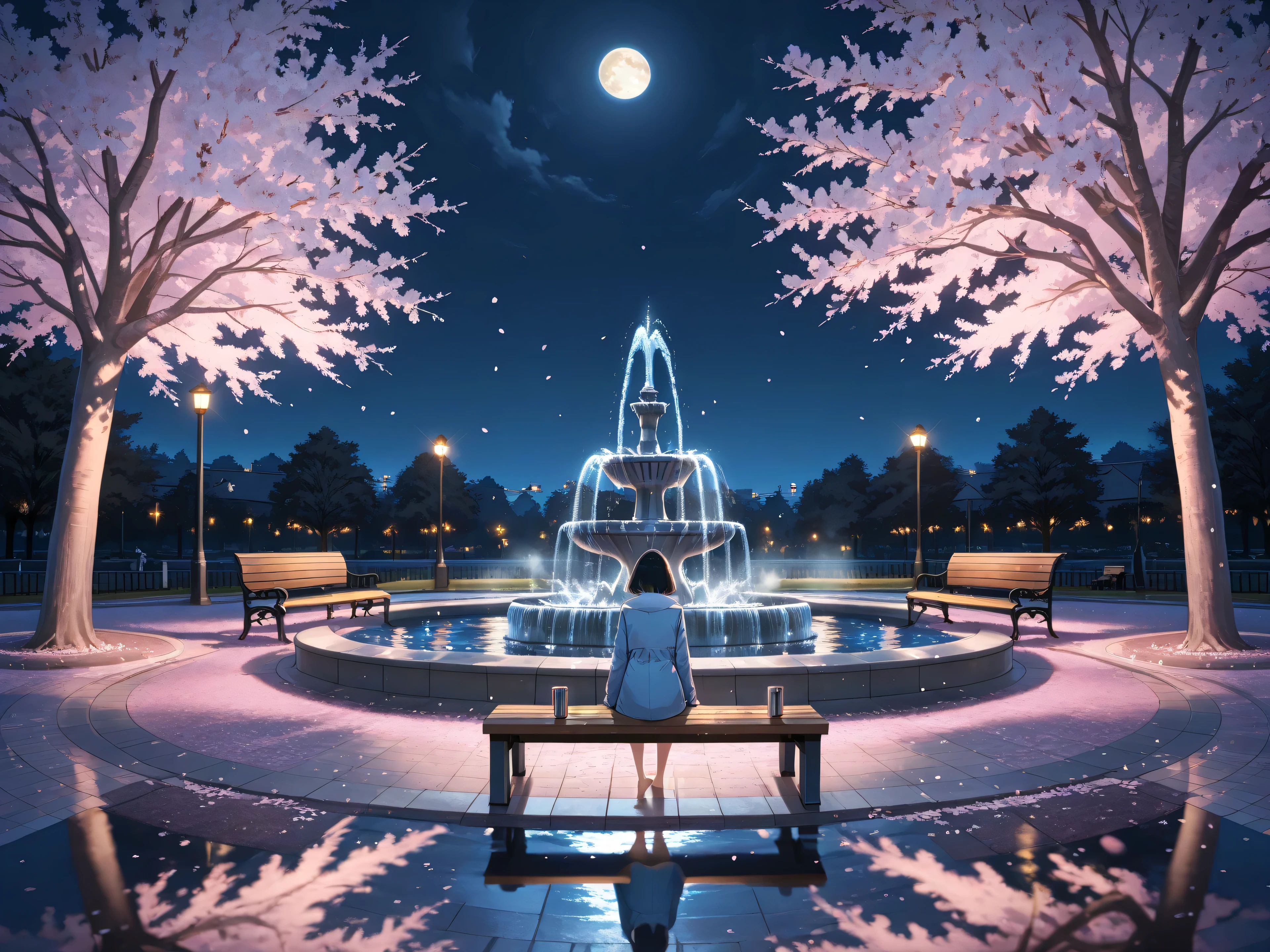 A park where cherry blossoms fall at night and a fountain can be seen in the distance and the moon There are no lights Moonlight only A barefoot girl in a light blue coat with short black hair sits on the bench at the back of the fountain