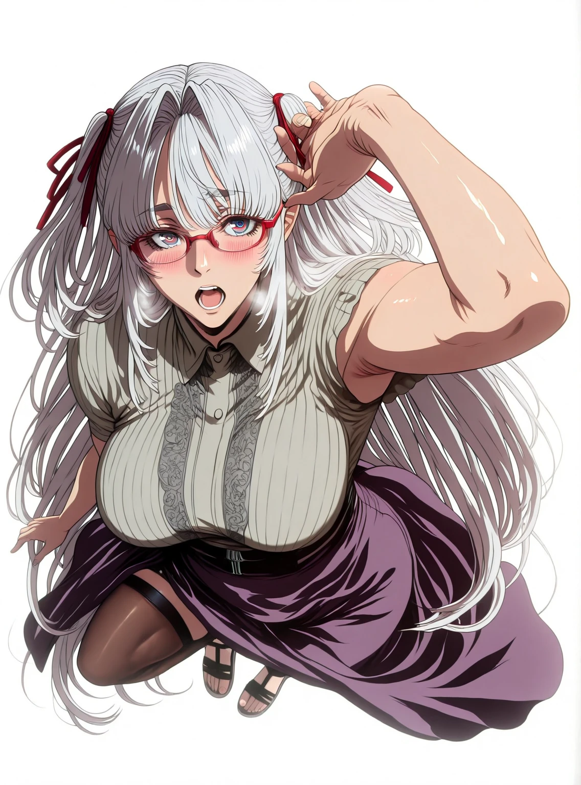 L_Cation2, Babu-style, Hgk, (gebijiade_89-style:1.4), (mostlybluewyatt-style:1.3), (haikawa_hemlen-style:1.2), (imizu_(nitro_unknown)-style:1.3), (anime coloring, anime screencap), shiny skin, (voluptuous body:1.4), (mature female:1.4), (cellulite:1.3), ((vignetting)), ((anatomical correct)), ((Cinematic, high quality, newest, UHD, masterpiece)),, perfect body, perfect eyes, perfect fingers, gasping, heavy breathing, gasping profusely, ((skindentation)), ((curvy)), white hair, absurdly long hair, sidelocks, two side up, hair ribbon, multicolored eyes, bangs, ((square pupils, big pupils)), plump, 1girl, solo, glasses, breasts, skirt, open_mouth, red-framed_eyewear, looking_at_viewer, white_background, purple_skirt, frills, blush, simple_background, from_above, sandals, fisheye, close-up