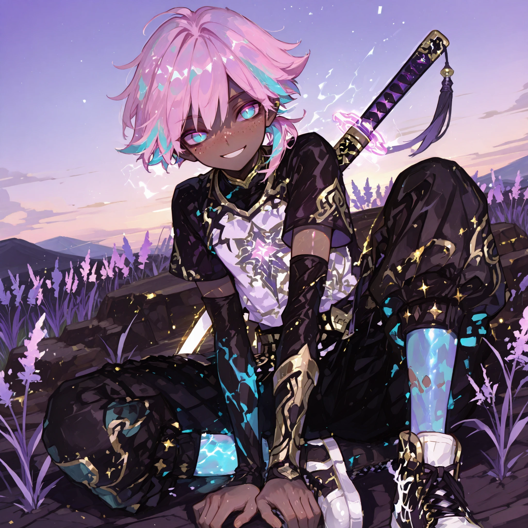 fantasy outfits, holographic, alternative-style. tanned boy mixed-race black skinned skinny young boy with freckles, glowing clear glossy wet shiny skin, short spiky lavender and salmon pink hair , black trimmed undercut taper sides and back behind hair, and sky blue neon eyes, baggy combat gi shirt with lavender trims shirt with black sleeves, boy gold trim, with cargo amored baggy pants with gold accents and armor, anime-style, detailed and vibrant, and bright holographic, tone, dawn, full body pic, in a fighting combot pose pose with a wide smile pose holding a obsidian purple and black katana, very shiny skin and silked, with lavender white torn socks with gold trims, fantasy holograhic, combat high sneakers