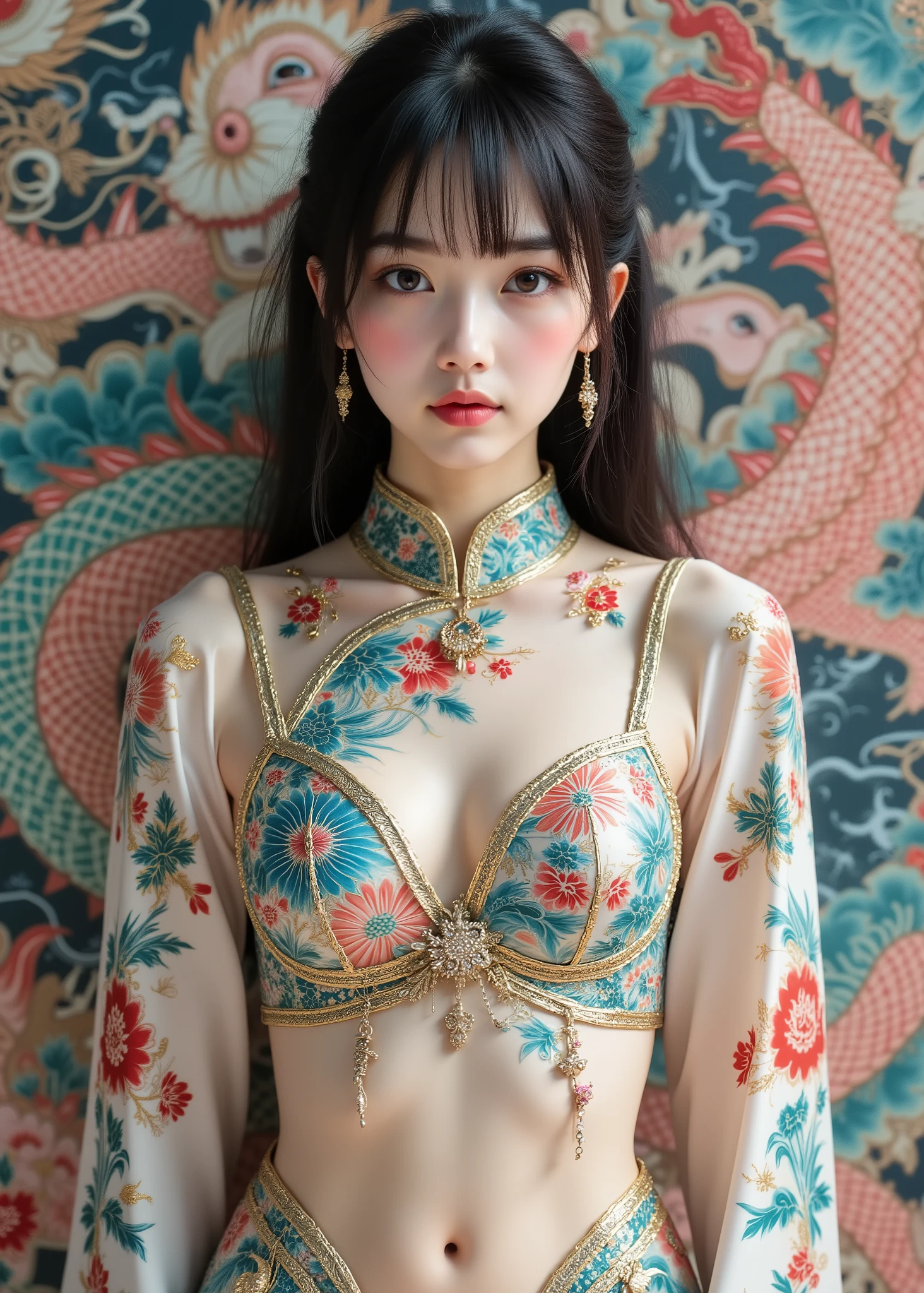 Ultra Hi-Vision, high resolution, high resolution, 24K Video Quality. woman、彼女はbeautifulチャイナミニドレスを着ています、beautiful, big eyes、 Full Body Portrait of a Cute 16 Year Old Japanese Girl, The China dress is adorned with vibrant dragons and other mythical elements、Slim and toned belly、Toned Legs, Two Dumpling Hair 、Illustration of a finely stylized dragon in the background.Hi-Tech Female Combat Suit、((Agility Specialized Frame)), Futuristic Armor Design 、Floating Information Display、Hi-Tech Android