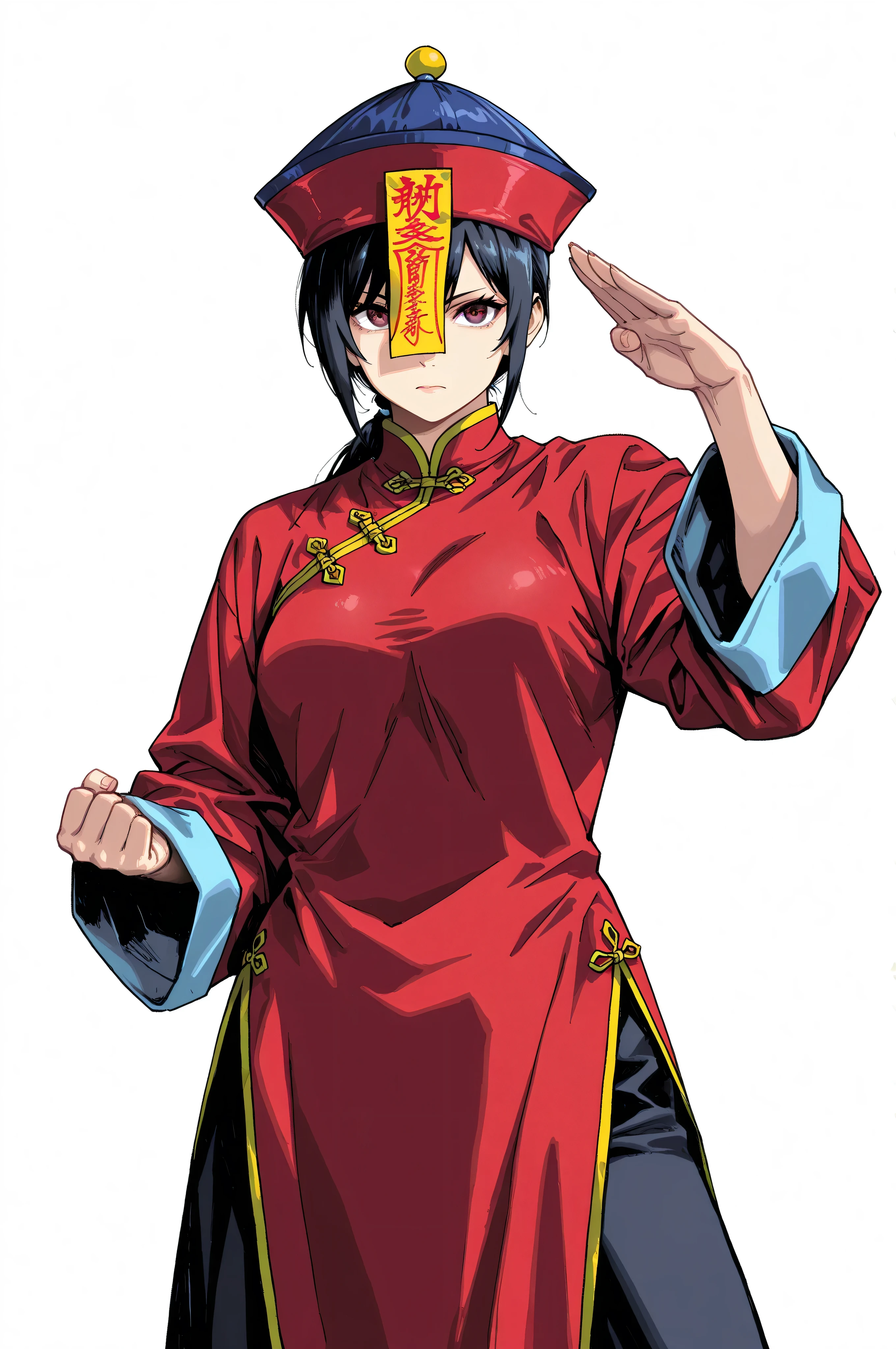 chinese clothes,KungFuUniform,score_9, score_8_up, score_7_up, gsfghtr, multicolored robe, white background, serious, long low ponytail, kohei horitoshi, invited, 1jiangshi girl, mature female, chinese hat, 1girl, red dress, kung fu master,