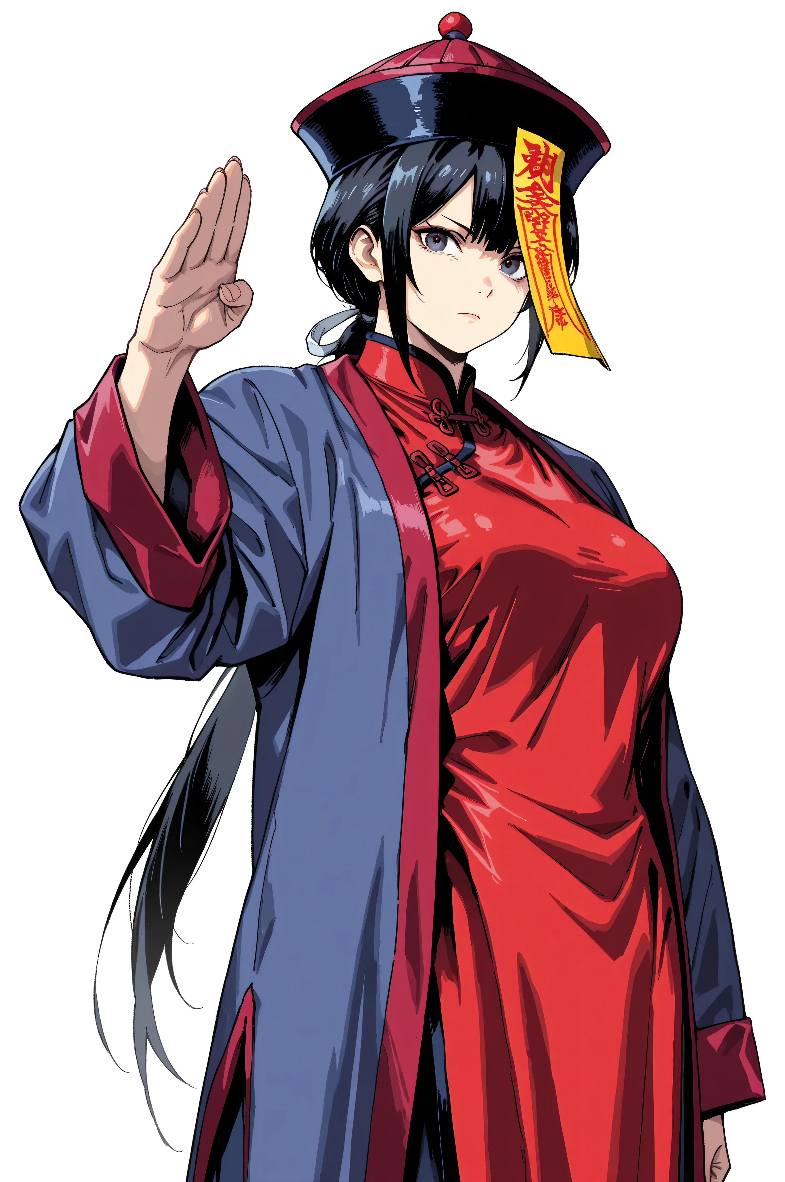 chinese clothes,KungFuUniform,score_9, score_8_up, score_7_up, gsfghtr, multicolored robe, white background, serious, long low ponytail, kohei horitoshi, invited, 1jiangshi girl, mature female, chinese hat, 1girl, red dress, kung fu master,