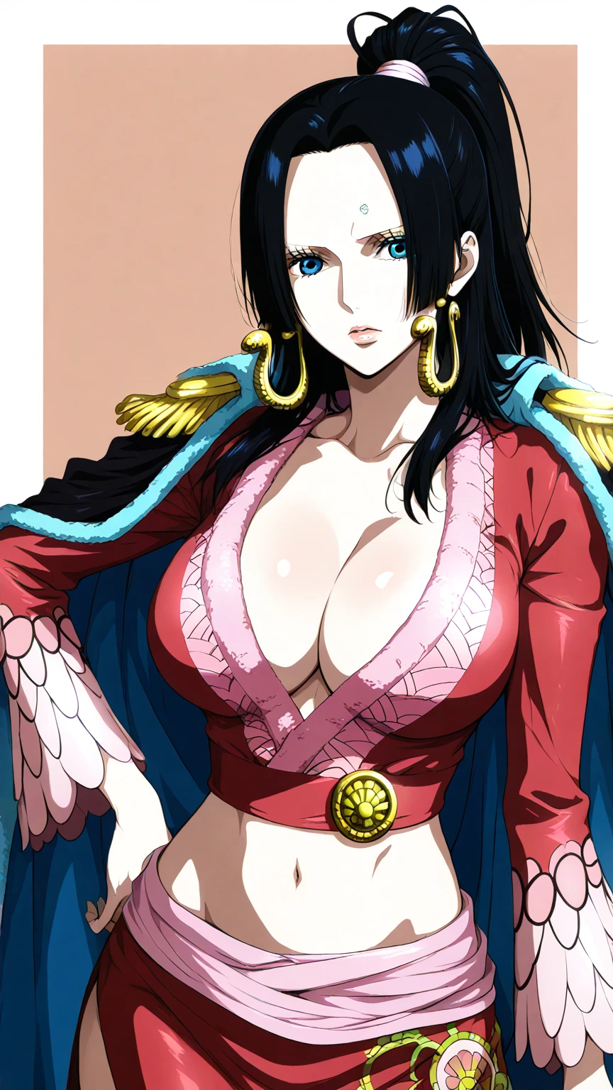 (masterpiece, best quality:1.2), cowboy shot, solo, 1girl, boa hancock, smile, looking at viewer, hand on hip, cape, epaulettes, cleavage, jewelry, earrings, midriff,NSFW,official art,extremely detailed CG unity 8k wallpaper, perfect lighting, (masterpiece:1.0),(best_quality:1.0), ultra high res,4K,ultra-detailed, photography, 8K, HDR, highres, absurdres:1.2, Kodak portra 400, film grain, blurry background, bokeh:1.2, lens flare, (vibrant_color:1.2),(beautiful_face:1.5),(narrow_waist),(perfect hands, perfect ),