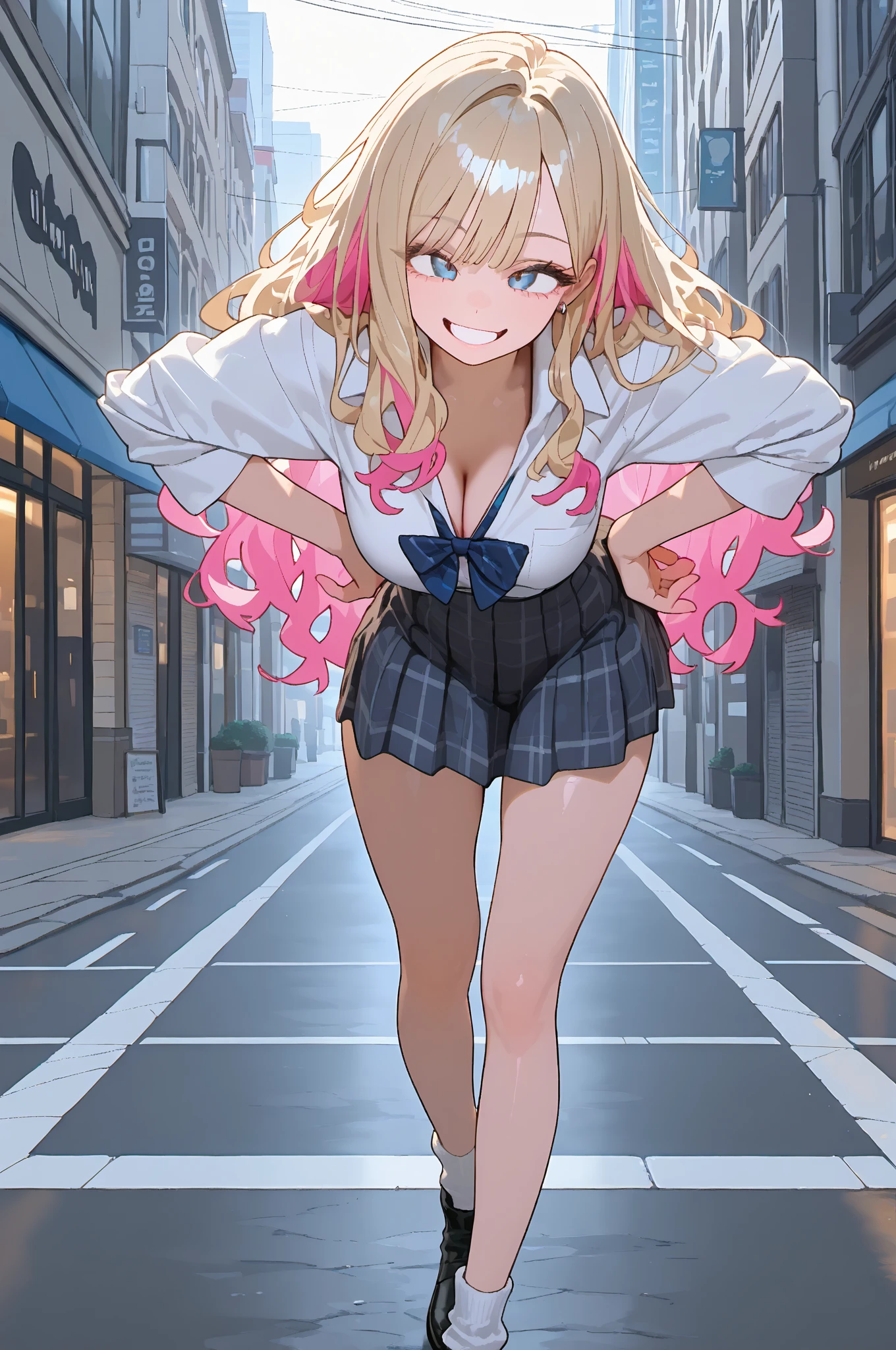 4 Girls with pink hair, long twintail hairstyle, small bushy eyebrows, wearing gothic lolita clothing, lolicon (Zankuro) drawing style by zankuro artist, Zancrow style, image uploaded to R34, walking to school, flirty smile, , lifting her skirt to show her ?????? wet with ?????