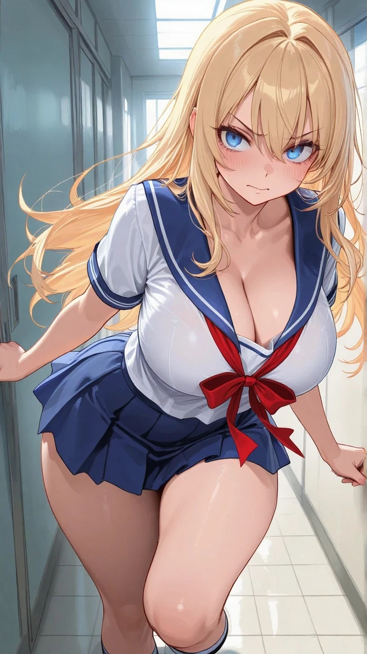 (masterpiece:1.2、highest quality、T Masterpiece)、1 female、alone、classroom、Day、stand、blonde、ponytail、blue eyes、(sailor suit:1.4)、(black skin:1.4)、???????????、pantyhose、corset、earring skirt、lipstick、very sweaty、Scrunchie、choker、blush、(pull the skirt:1.2)、(??????:1.2)、(tongue:1.2)