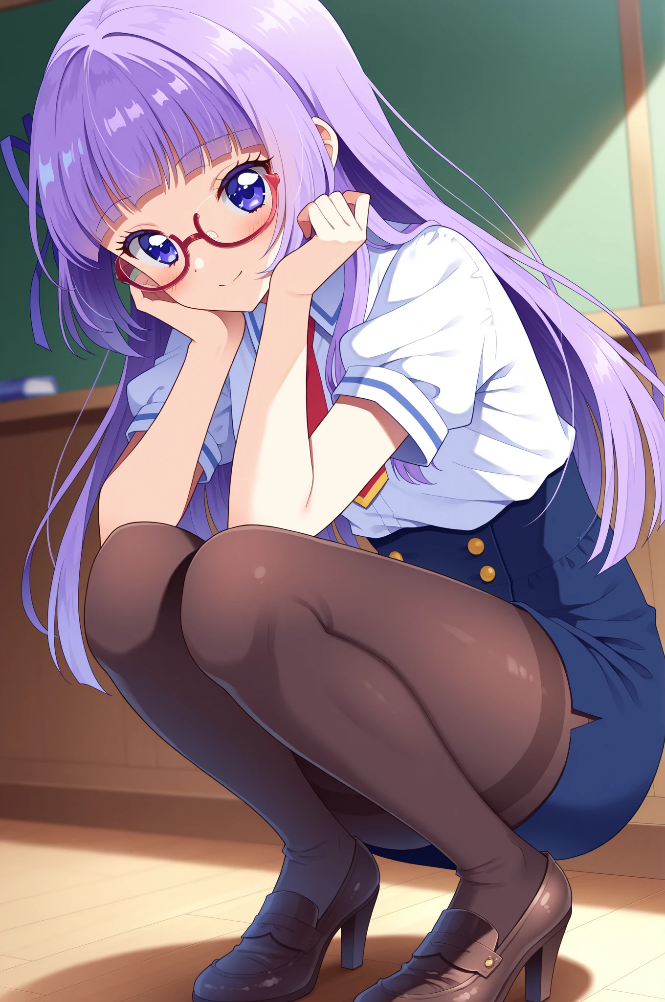 score_9, score_8_up, score_7_up, score_6_up, score_5_up, score_4_up, (source_anime),beautiful girl, , ponytail, rainbow hair, Glasses, classroom, big , ,Wearing a white coat over a sailor suit, god, ((()))