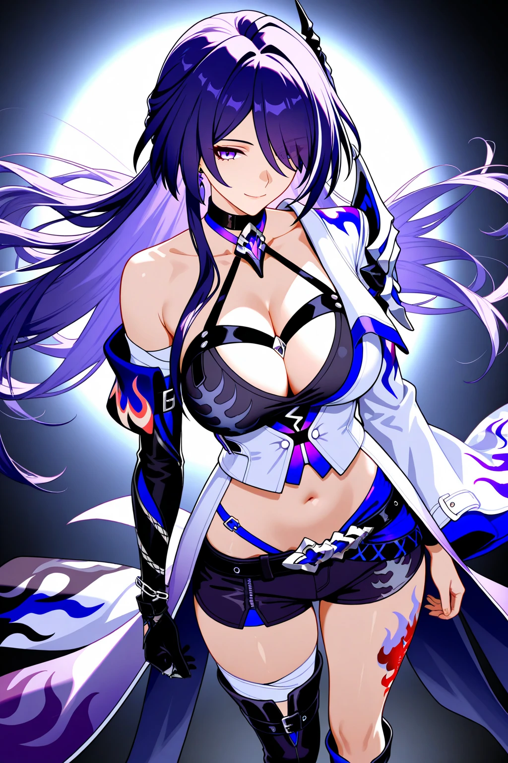 ((Masterpiece)), best quality, absurderes, ultra detailed, holographic, cowboy shot, super cute girl, mature girl, super beautiful asian girl with very beautiful violet glowing eyes, beautiful glowing white multicolored hair, nice and ???? body, slim body, perfect body, wearing super tight anime printed boxers, an anime printed super tight shirt, super aesthetic pink jacket, looking to a glowing mirror, seeing a different version of her from other universe