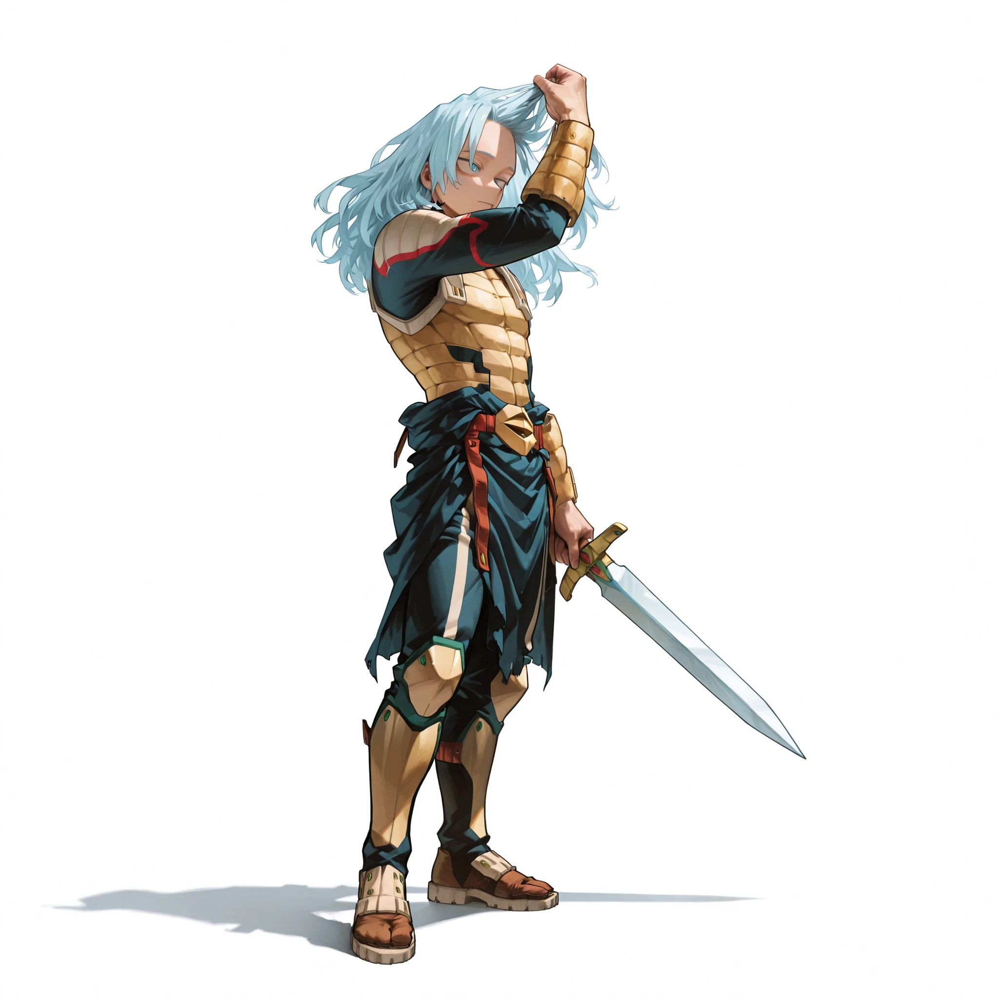 (male), (man), (slim body), (light blue hair), (blue eyes), (calm expression), (solo), (single character), (full body version), (white background), (no background), (highly detailed), (shadow), (standing pose), (natural light), (detailed outfit), (detailed hand), (detailed face), (detailed hair)
Wearing golden Roman-style armor with intricate engravings, short black tunic beneath the chestplate, leather straps around the waist, golden armguards, and leg guards, holding a short sword by his side, with brown sandals completing the ancient warrior look. ( Boku no Hero academia style art)