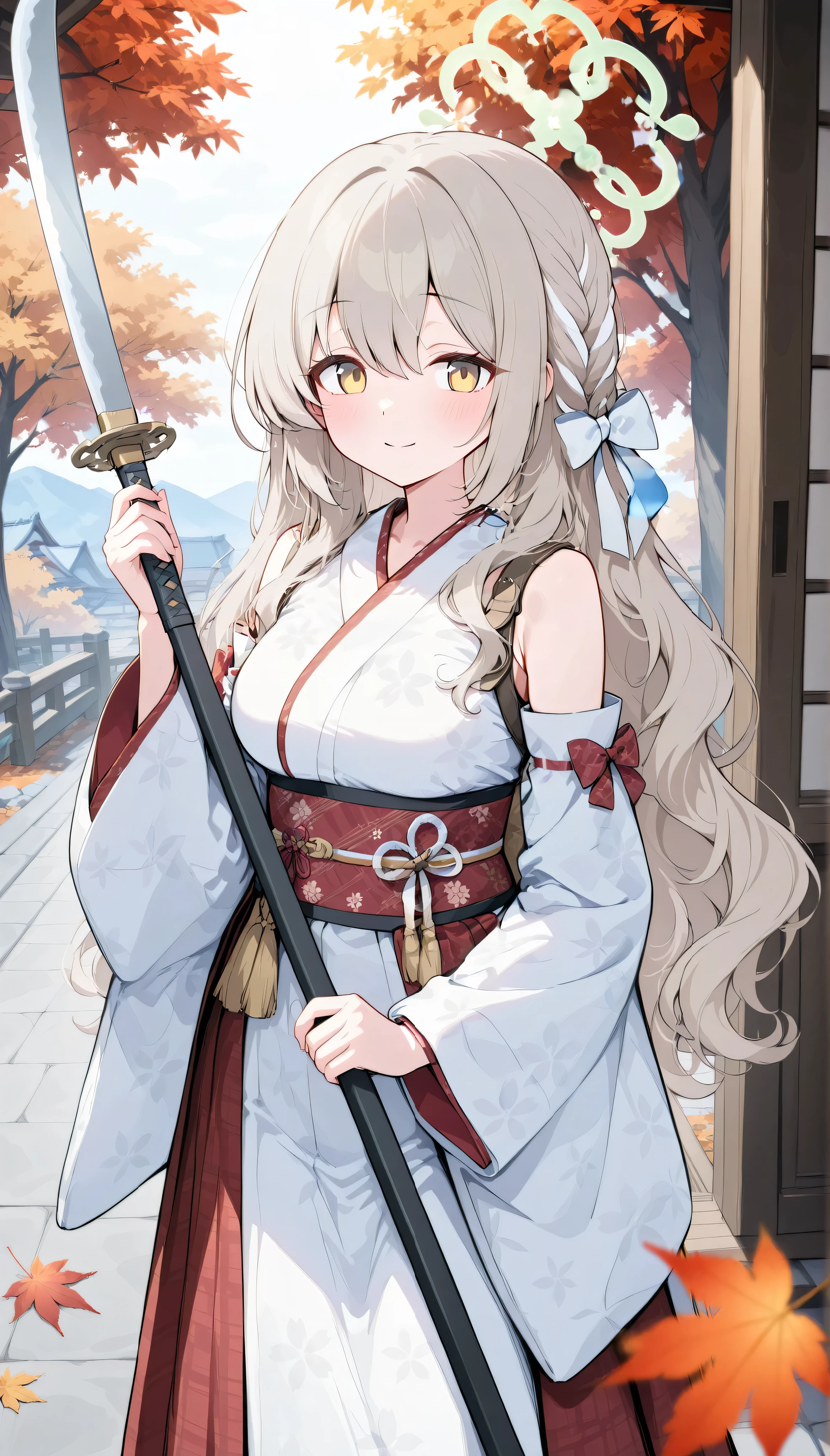 miyo (blue archive), platinumblonde hair, long hair, braid, hair ribbon, white ribbon, multicolored hair, yellow eyes, , halo, solo, I can see my eyebrows from the inside of my hair, hair between eyes,　 is embarrassing, masterpiece, Best Quality, very aesthetic,　detached sleeves, japanese clothes, white kimono, floral print, outdoor,  japanese town, Holding a weapon in hand, gripping naginata, autumn, in the evening, momiji,　smile,