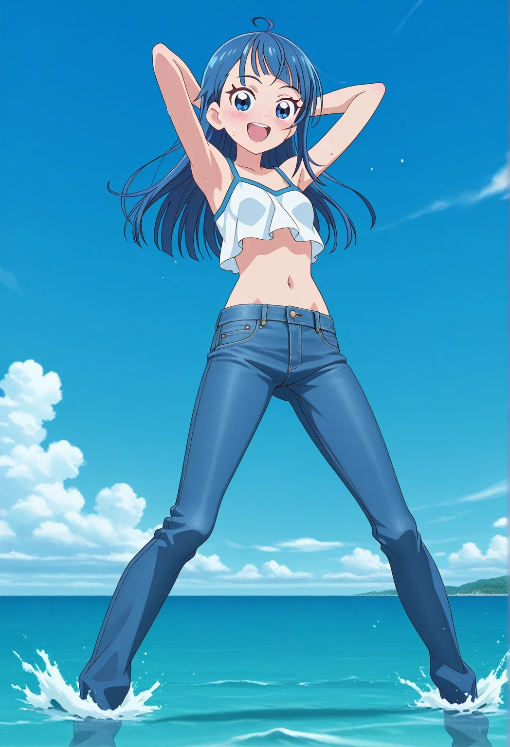 score_9, score_8_up, score_7_up, source_anime, highres, hi res, ((best quality, top quality, perfect quality, Highest Quality, amazing quality)), {{masterpiece}}, {{an extremely delicate and beautiful}}, 2d, intricate details, official style, anime, 8k, anime style, official_anime, official art, digital painting, cell shading, soft shading, high resolution, soothing tones, Subdued Color, Soft cinematic light, adobe lightroom, photolab, HDR, intricately and hyper-detailed, ((high quality animation)), 1 girl, Alone, solo, ((ocean)), tsunami, on the water, day, sunny, outdoors, sky, windy, sora harewataru, Hirogaru Sky! Precure, blue eyes, blue hair, ((long hair:1.4)), ahoge, anime screencap, small breasts, white camisole top, crop top, white crop top, best quality, hyper-detailed jeans, ((blue jeans:1.9)), (dark blue jeans:0.6), full medium body, medium shot, Open mouth, smiling, happy face, blush, sweat, standing, ((arms behind head:6.0)), ((hair separate from arms:3.5)), bowlegged, jumping pose, action, looking at viewer, spread legs, Bend knees slightly, straight-on front view