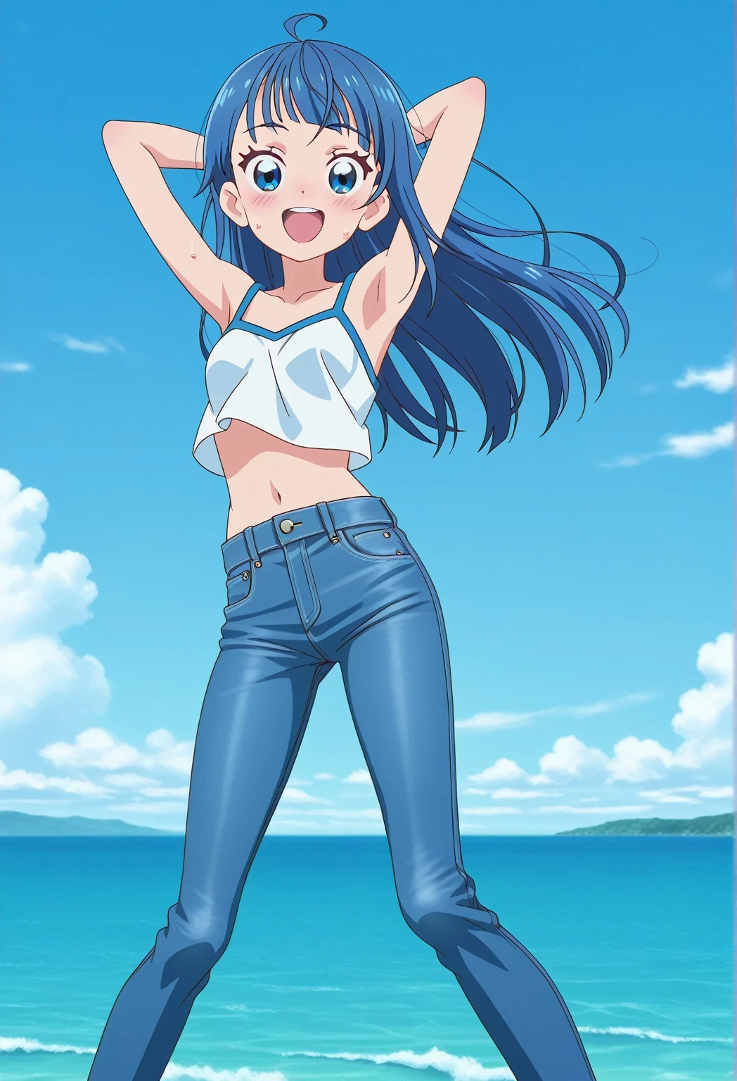score_9, score_8_up, score_7_up, source_anime, highres, hi res, ((best quality, top quality, perfect quality, Highest Quality, amazing quality)), {{masterpiece}}, {{an extremely delicate and beautiful}}, 2d, intricate details, official style, anime, 8k, anime style, official_anime, official art, digital painting, cell shading, soft shading, high resolution, soothing tones, Subdued Color, Soft cinematic light, adobe lightroom, photolab, HDR, intricately and hyper-detailed, ((high quality animation)), 1 girl, Alone, solo, ((ocean)), tsunami, on the water, day, sunny, outdoors, sky, windy, sora harewataru, Hirogaru Sky! Precure, blue eyes, blue hair, ((long hair:1.4)), ahoge, anime screencap, small breasts, white camisole top, crop top, white crop top, best quality, hyper-detailed jeans, ((blue jeans:1.9)), (dark blue jeans:0.6), full medium body, medium shot, Open mouth, smiling, happy face, blush, sweat, standing, ((arms behind head:6.0)), ((hair separate from arms:3.5)), bowlegged, jumping pose, action, looking at viewer, spread legs, Bend knees slightly, straight-on front view