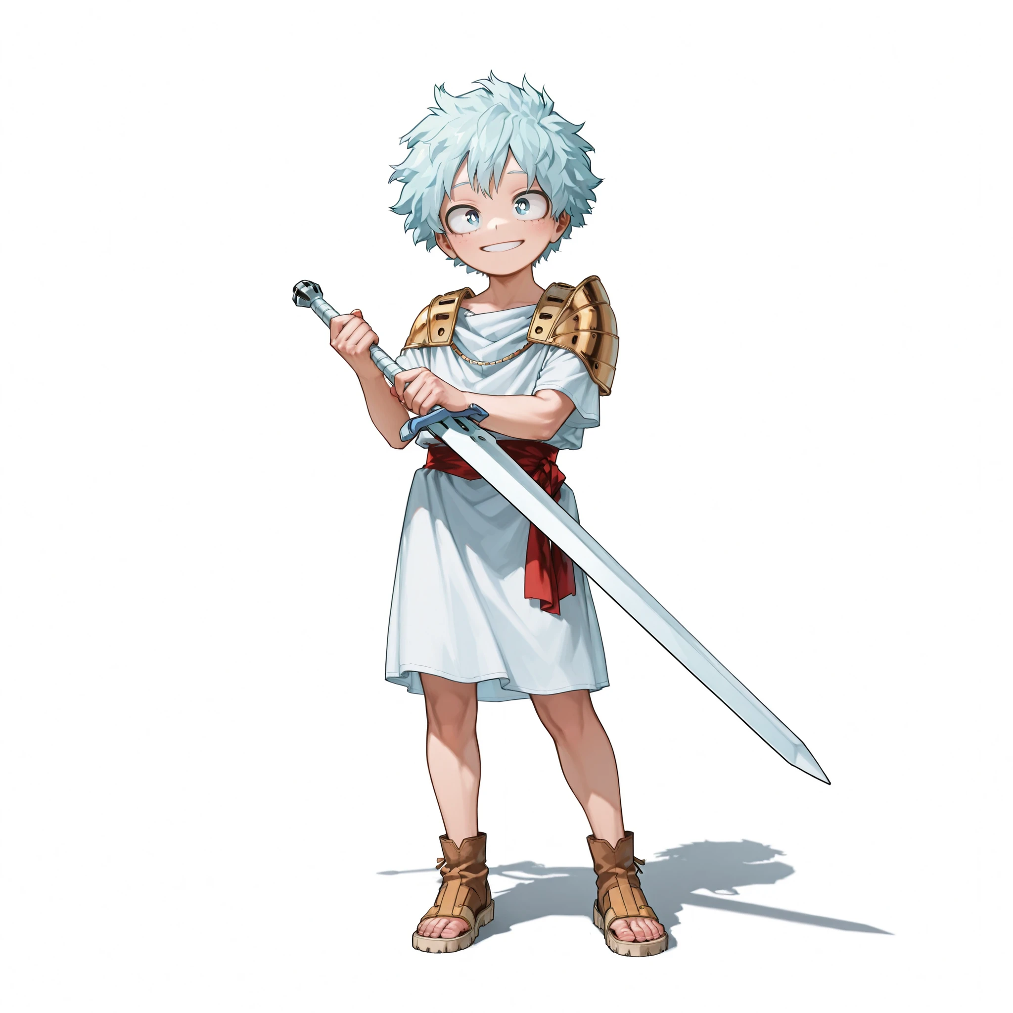 (male), (little boy), (slim body), (light blue hair), (blue eyes), (happy face), (solo), (single character), (full body version), (white background), (no background), (highly detailed), (shadow), (standing pose), (natural light), (detailed outfit), (detailed hand), (detailed face), (detailed hair)
Wearing a simple Roman-era outfit with a short white tunic tied at the waist by a red sash, small brown sandals, and a lightweight bronze shoulder guard, holding a small wooden training sword. ( Boku no Hero academia style art)