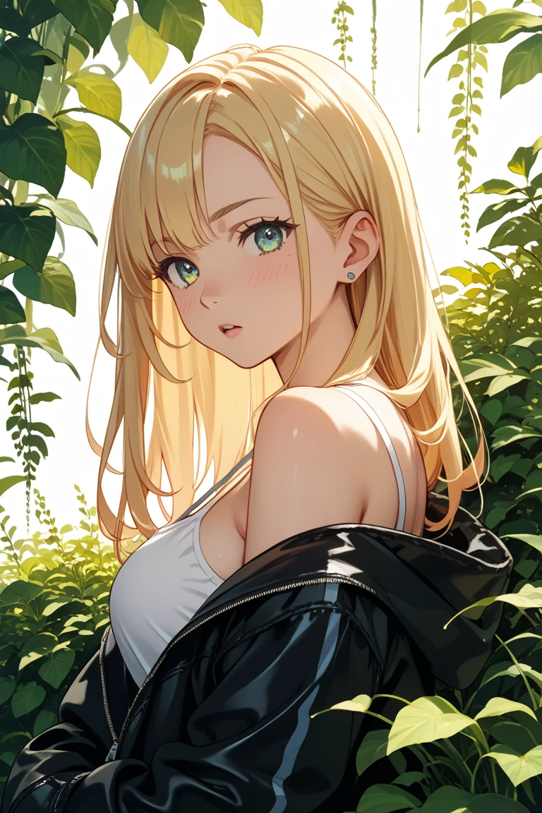 a young woman with tanned skin, amber eyes, short reddish-blonde hair, wearing a torn top and torn skirt, in a jungle setting, (best quality,4k,8k,highres,masterpiece:1.2),ultra-detailed,(realistic,photorealistic,photo-realistic:1.37),detailed portrait,detailed jungle environment,warm color tones,natural lighting,cinematic composition,intricate details,lush foliage,vines,flowers,birds,butterflies