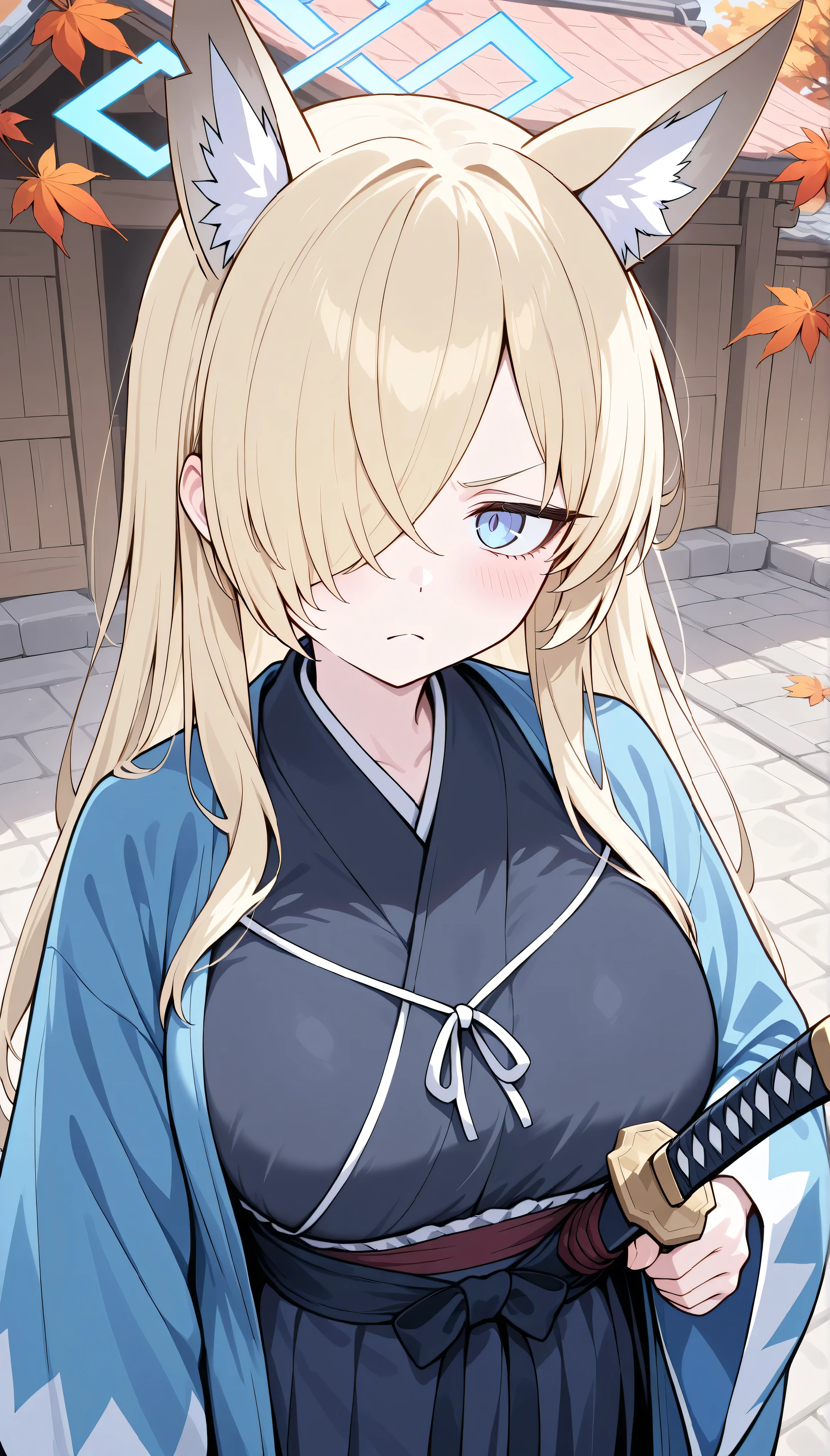 kanna (blue archive),animal ears, blue eyes, blonde hair, long hair, hair over one eye, blue halo, large breasts, solo, I can see my eyebrows from the inside of my hair, hair between eyes,　 masterpiece, Best Quality, very aesthetic,　 japanese clothes, black kimono,  outdoor,  japanese town, Holding a weapon in hand, gripping katana, autumn, in the evening, momiji,　(Shinsengumi Haori),　angry:1.4,furious,