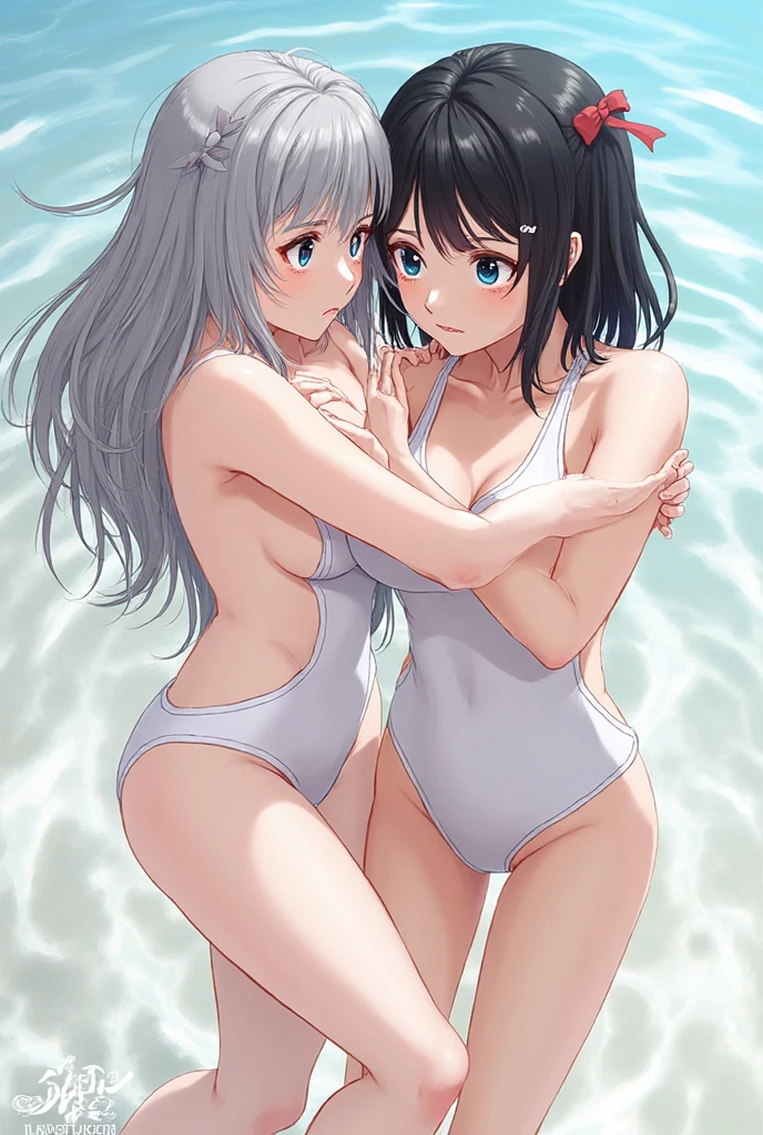 Two girls，full bodyesbian，One black and one white，Bikini swimsuit，Hold each other，The two bodies are close together，Kiss，At school