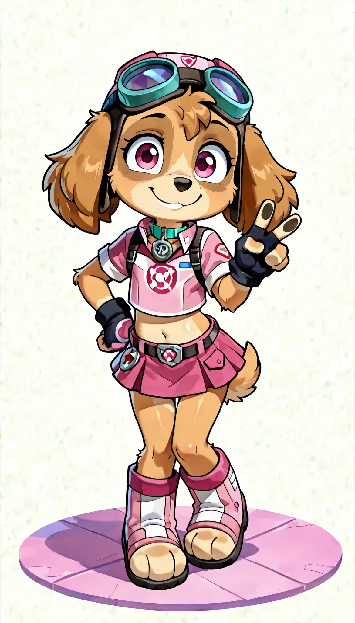 score_9, score_8_up, score_8, source_cartoon, source_furry, 1girl, solo, Skye(PP), dog, anthro, dog, furry, Cockapoo, pink eyes, golden-brown body fur, golden-brown hair, cute face, 4 fingers, standing, ((goggles, pink pilot hat, Skye collar, pink top, midriff, pink mini skirt, toeless footwear, fingerless gloves)), full body, feets with three toes, white background, confident face, short body, glistering body, shiny body, (Small, Short:1.1), (young cub:1.2), looking at you, one hand own hip, v, peace sign with one hand, petite stature,