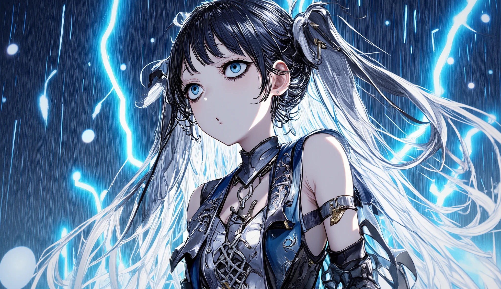 anime gothic girl with silver twin tails, shouting in the rain, lightning flashing behind her, intense expression, dark gothic armor with metallic accents, glowing blue eyes, upper body portrait, cinematic lighting, detailed anime style, thunder and rain atmosphere