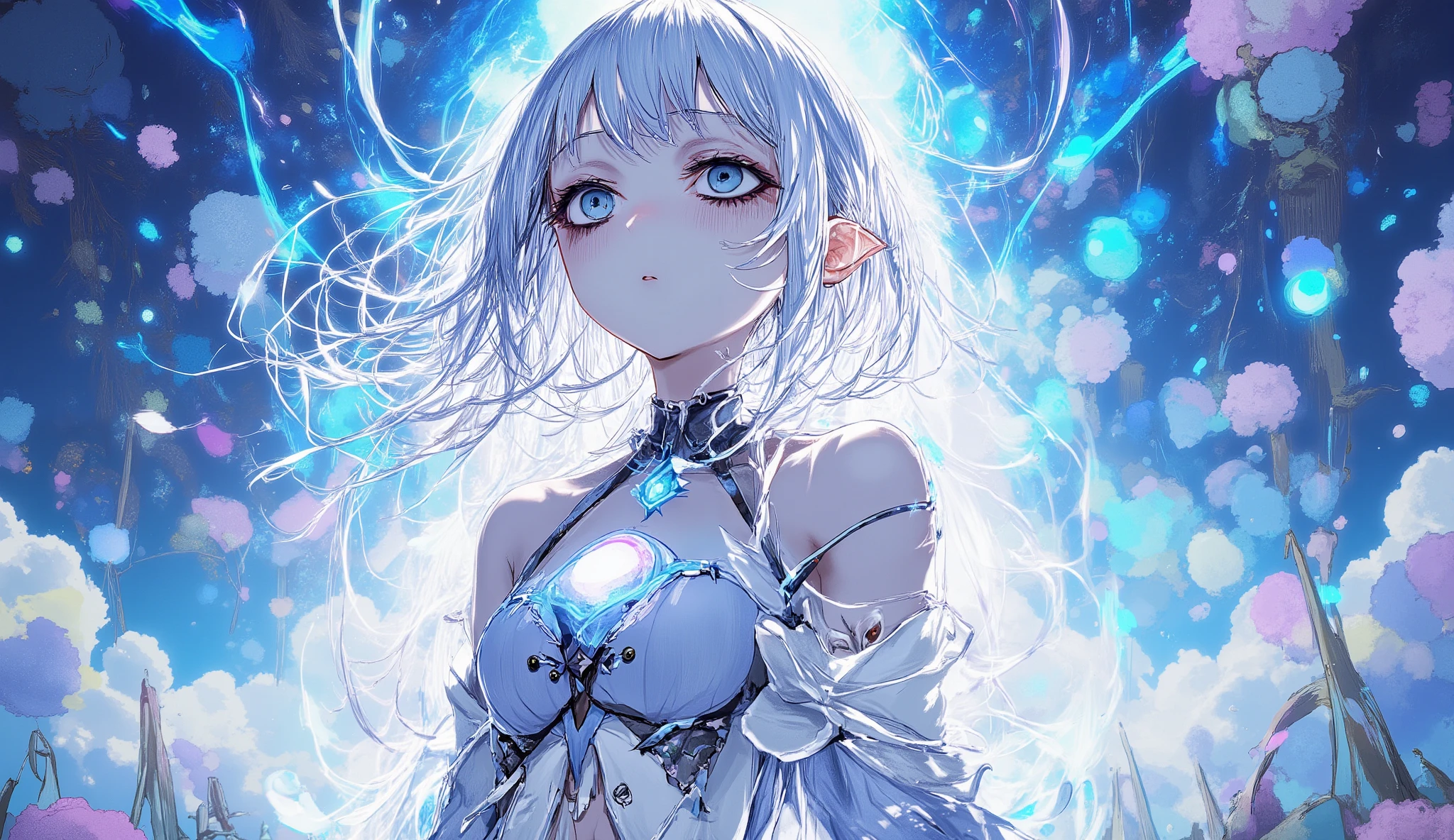 close-up of a silver-haired anime girl in gothic priestess outfit, eyes closed and hands glowing with electric power, storm clouds gathering behind her, soft blue and purple tones, calm before the storm, elegant and powerful mood, upper body shot