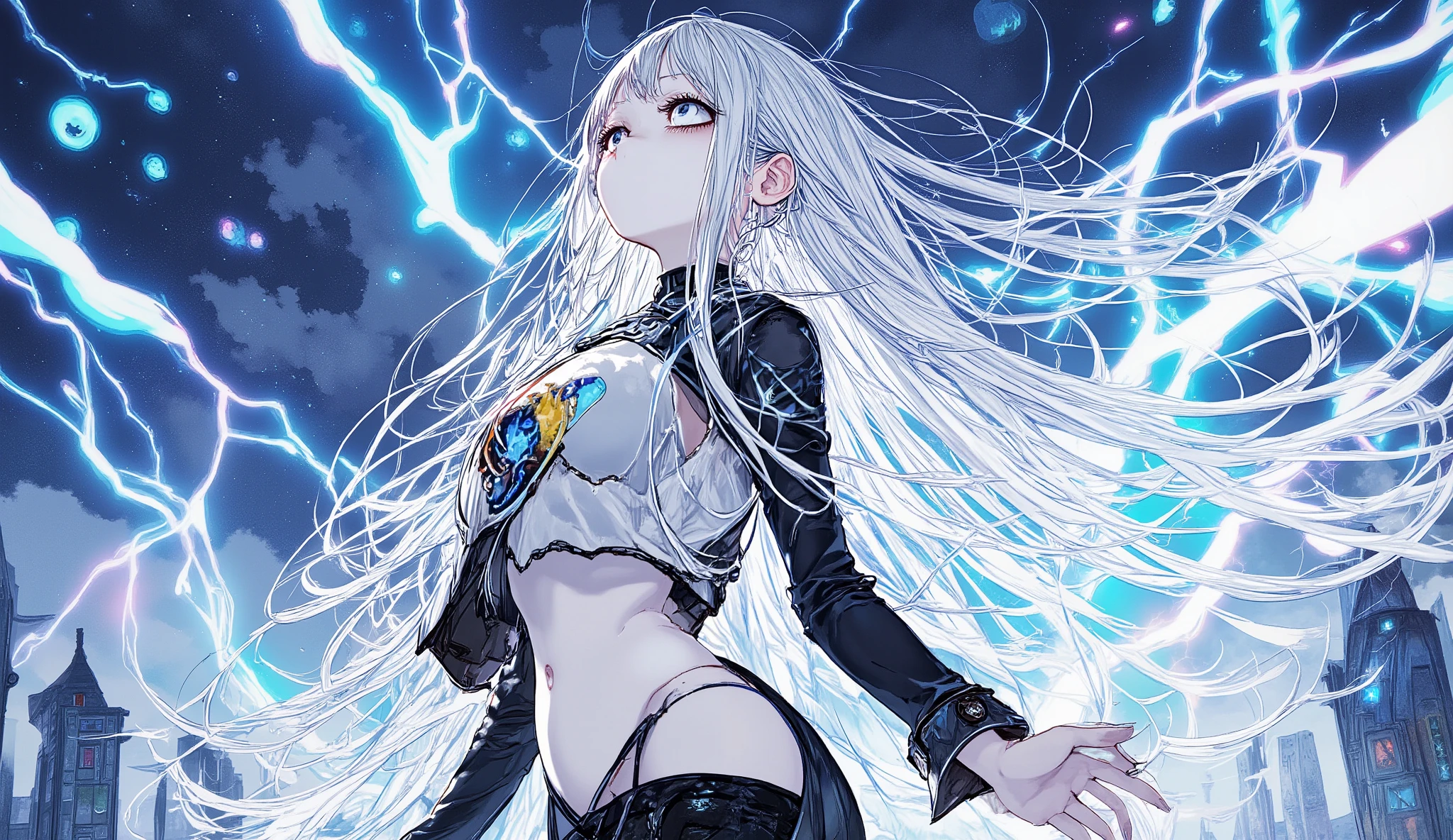 anime girl with long silver twin tails surrounded by lightning arcs, gothic dress flowing in the wind, serious determined gaze, glowing thunder sigils on her chest, stormy sky background, dramatic composition, half-body focus