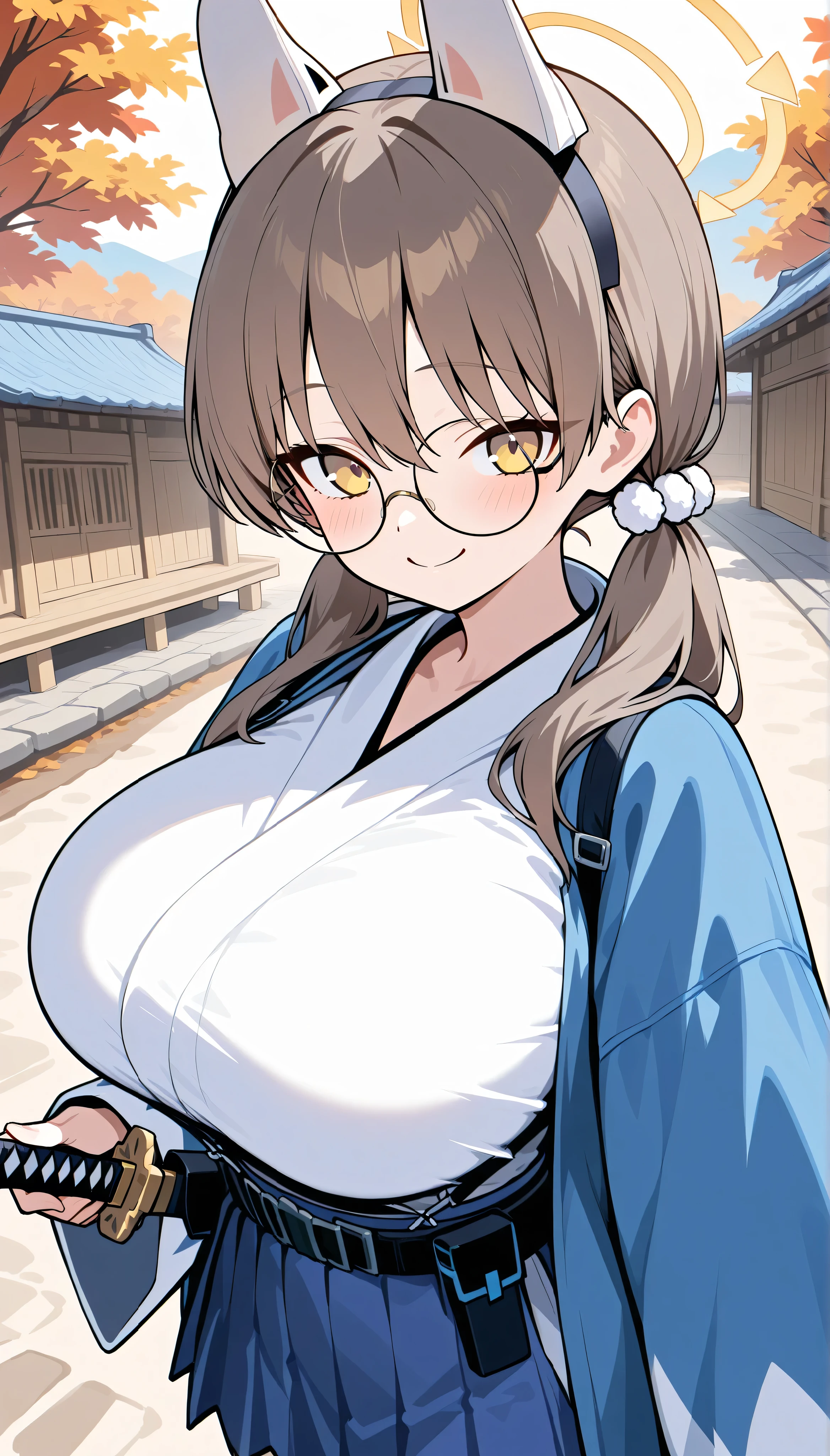 moe (blue archive), yellow eyes,brown hair, low twintails,halo,glasses,huge breasts, solo, I can see my eyebrows from the inside of my hair, hair between eyes,　 masterpiece, Best Quality, very aesthetic,　 japanese clothes, white kimono, purple mini skirt,  outdoor,  japanese town, Holding a weapon in hand, gripping katana, autumn, in the evening, momiji,　Shinsengumi Haori,　smile,　closed mouth,