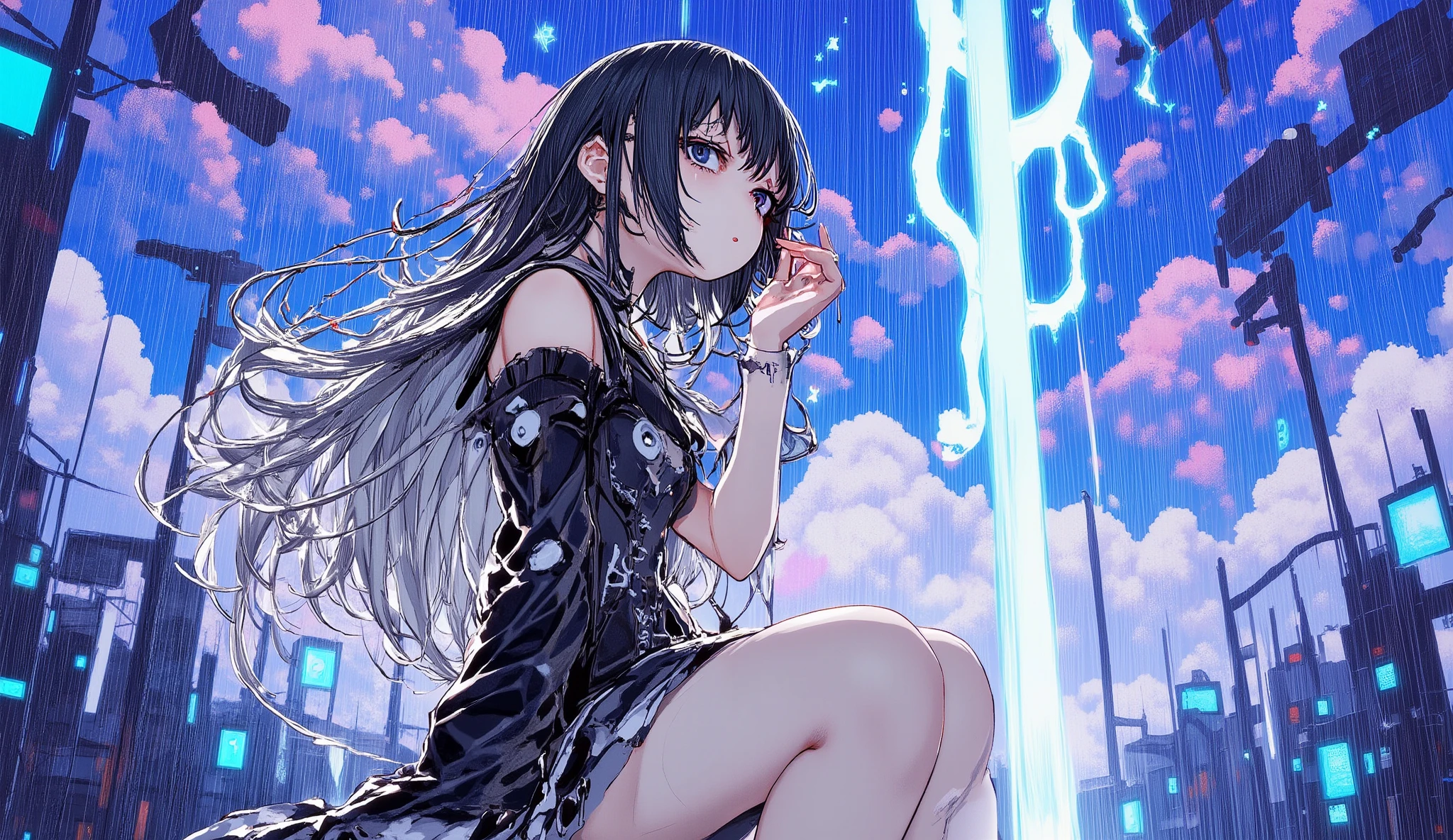 gothic anime girl kneeling under stormy sky, silver twin tails wet from rain, blood and lightning on her hands, sorrowful yet strong expression, dark blue and purple tones, emotional anime art, detailed upper body composition