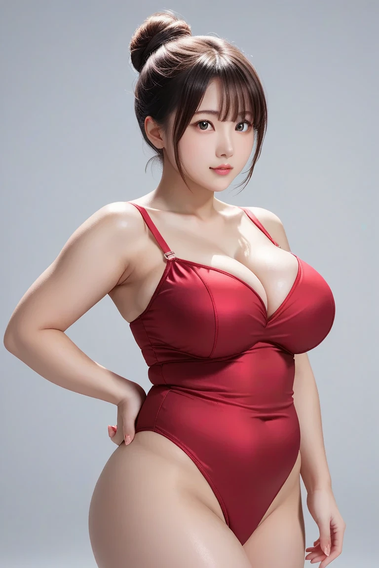 (Highest quality、masterpiece:1.2)、(photoGenuineistic:1.4)、Genuine、High resolution、超High resolution、超High resolution、RAW Photos、32K、超High resolution、High resolution、Digital Art、High Contrast、White Background、One girl、18-year-old、Fascinating、A strong-willed girl、(Accurate  of body and hands)、(Four fingers and a thumb)、(bangs:1.2)、(Long Curly Hair、Brown Hair,:1.2)、Beautiful Face、Detailed and perfect face、Slut lips、Red lips、(Indecent competitive swimsuit like stockings 1.4)、((Big Breasts))、Understanding  and  Shape、Big Hips、thick、Long legs、thick太もも、White skin、Rosy Cheeks、Porcelain-like skin、Big eyes、Skin Texture、Very detailed、GenuineなSkin Texture、High resolution、Rich colors、Dramatic lighting、Beautiful woman、eyelash、Very detailed顔、(Put your arms behind your head:1.2)、(smile:1.2)、(Dynamic pose、Change the pose、Dynamic Angle,:1.5)、((Don't show your ))