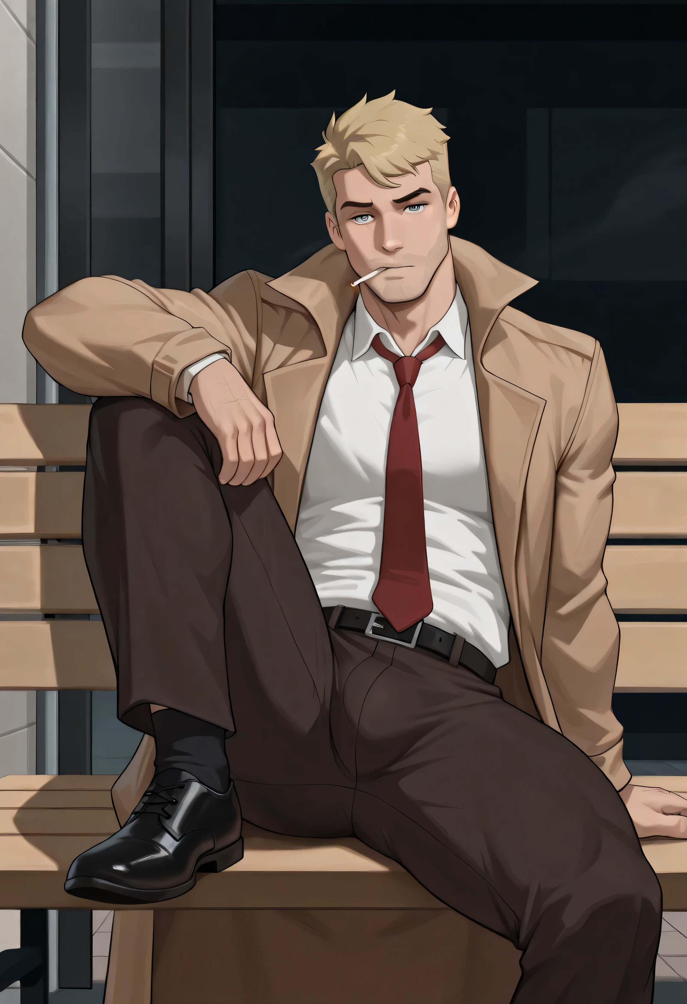 masterpiece,best quality,newest,perfect quality,best quality,detailed background,male focus,solo,johnc,1boy,blonde hair,tan trench coat,white collared shirt,belt,dark brown pants, bulge,,black socks,black shoes,red necktie,looking at viewer,sitting,bench,leg up,cigarette in mouth,