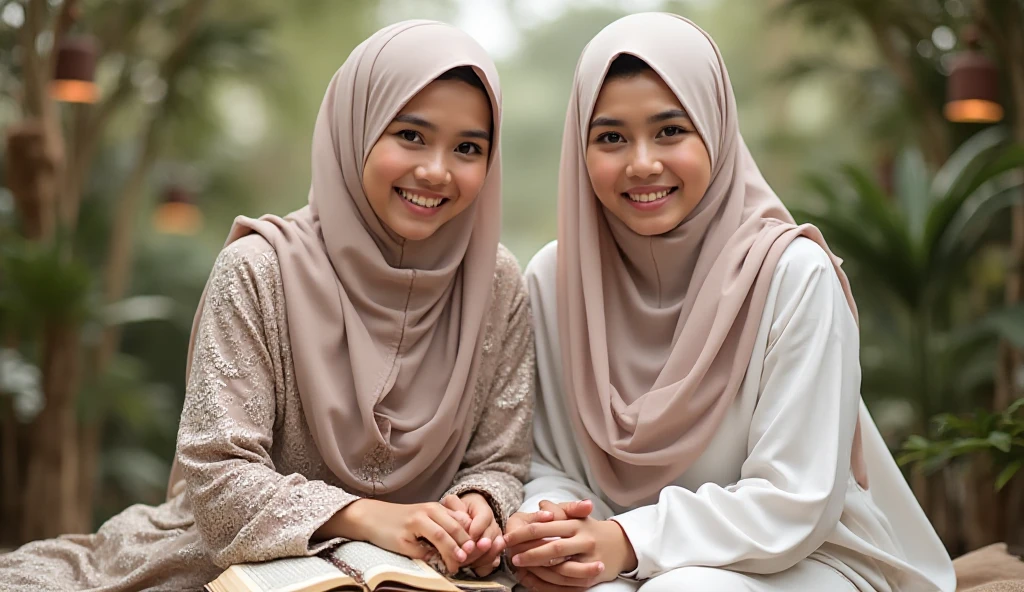 Two women wearing hijabs and white long-sleeved shirts, as well as trousers with different motifs. They are seen standing outdoors, perhaps in a park or field, with a bright, cloudy sky in the background. Each of them is holding a book, indicating that they are probably in the context of a learning or educational activity. The three women smiled cheerfully, reflecting a happy and enthusiastic mood.