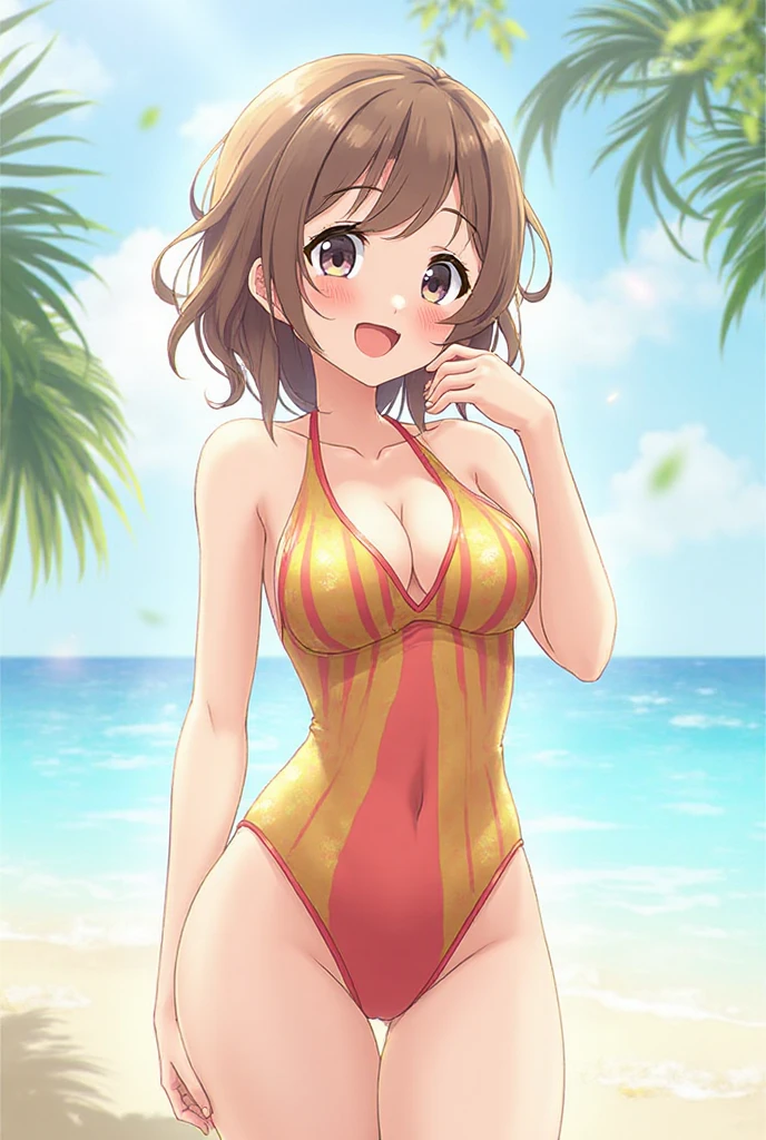 ​masterpiece、top-quality、hight resolution、1girl in, 独奏,(Yellow Bikini),(the beach),,A smile、is standing