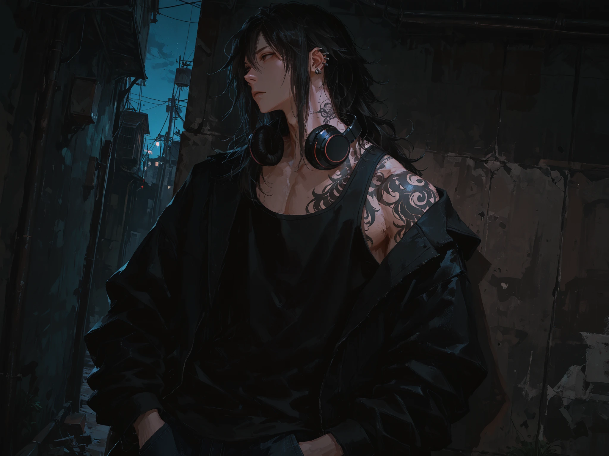 upper shot, dutch angle, looking away, makes an aesthetic, Master piece, Best Quality, ultra detailed, a handsome man, (man:1.6), solo, male long Hair, black hair, male messy hair, mouth slightly open, toned, black tank top, black jacket, piercing in one ear, black headphones around neck, black denim, A little voice is crooning a song, hands in pockets, leaning on wall, Tattooed on the neck, back alley, night, moonlit