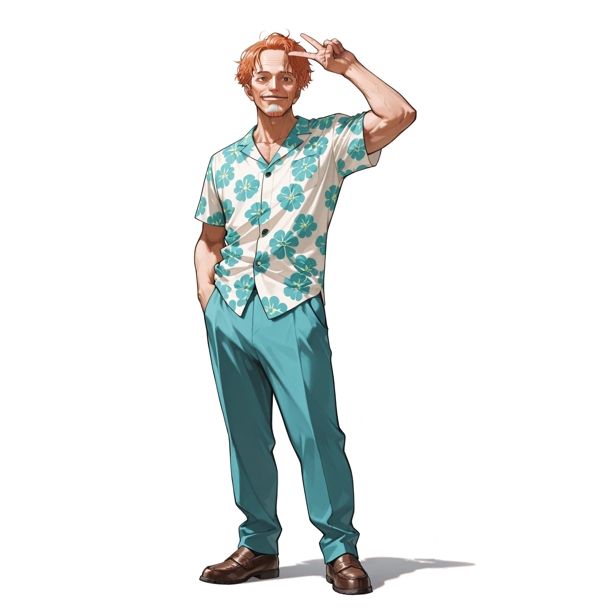 (male), (old man), (tall body), (fit build), (short messy orange hair), (brown eyes)), (solo), (single character), (full body version), (white background), (no background), (highly detailed), (shadow), (standing pose with peace sign), (natural light), (detailed outfit), (detailed hand), (detailed face), (detailed hair), (hand in pocket ),
Wearing a stylish casual Hawaiian suit with a floral patterned shirt, light blazer, relaxed trousers, and loafers. (One piece style art)