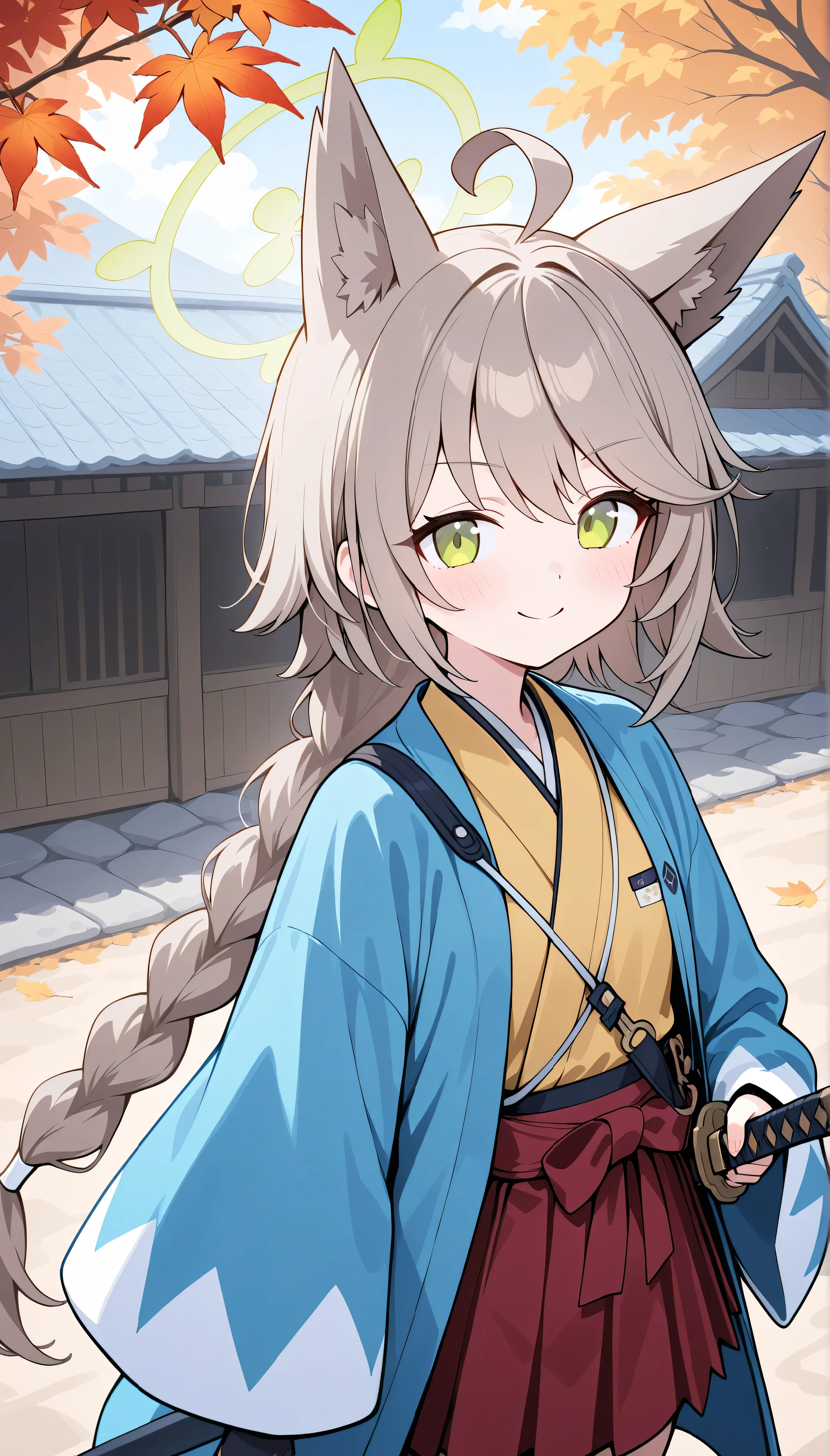 otogi (blue archive),green eyes,grey hair,single braid,animal ears,ahoge,halo, solo, I can see my eyebrows from the inside of my hair, hair between eyes, masterpiece, Best Quality, very aesthetic, japanese clothes, yellow kimono, orange mini skirt, outdoor, japanese town, Holding a weapon in hand, gripping katana, autumn, in the evening, momiji, Shinsengumi Haori, smile,
