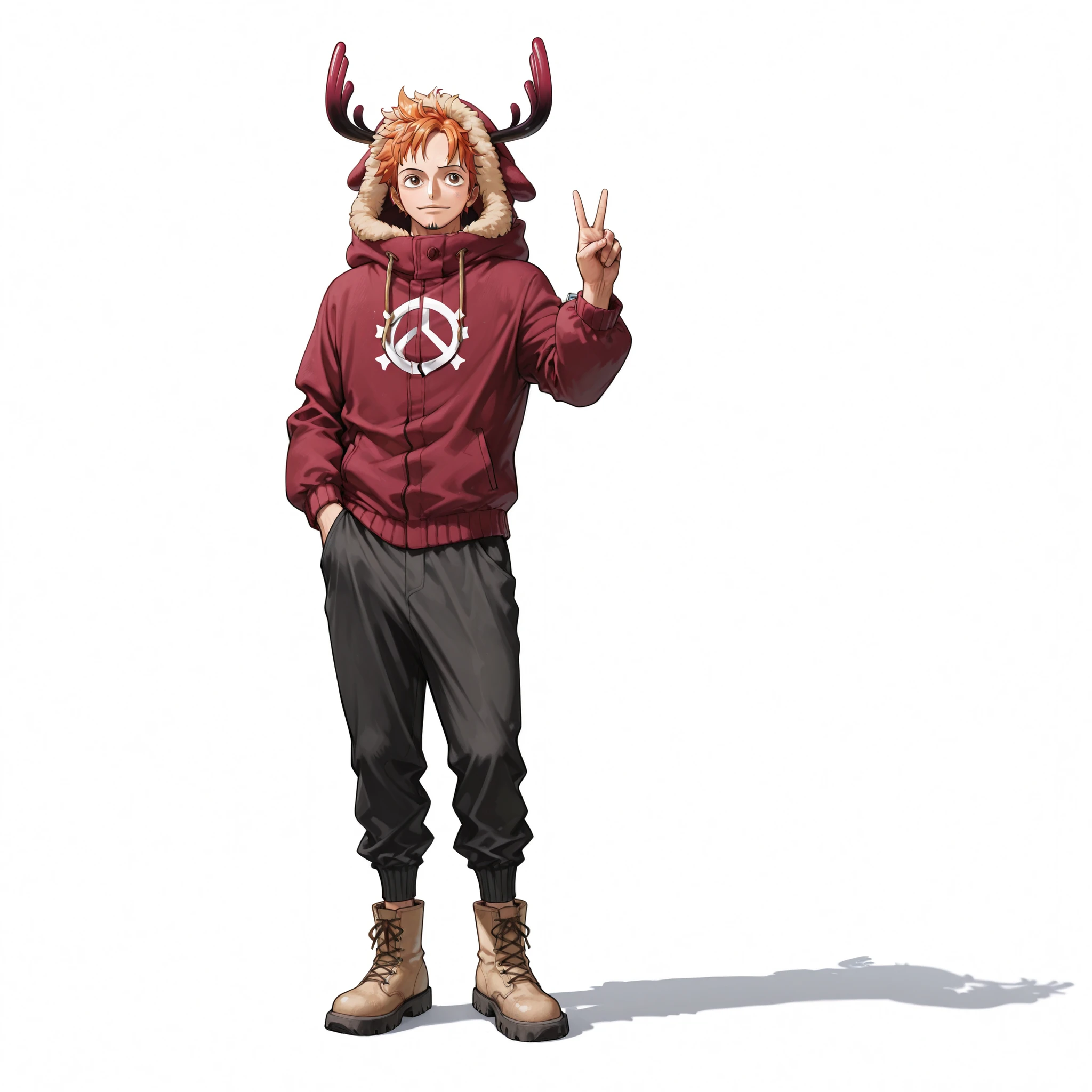 (male), (boy), (tall body), (fit build), (short messy orange hair), (brown eyes), (solo), (single character), (full body version), (white background), (no background), (highly detailed), (shadow), (standing pose with peace sign), (natural light), (detailed outfit), (detailed hand), (detailed face), (detailed hair), (hand in pocket),
Wearing a long olive dark red winter parka with fur hood, black fitted pants, and light brown winter boots. ( One piece style art)