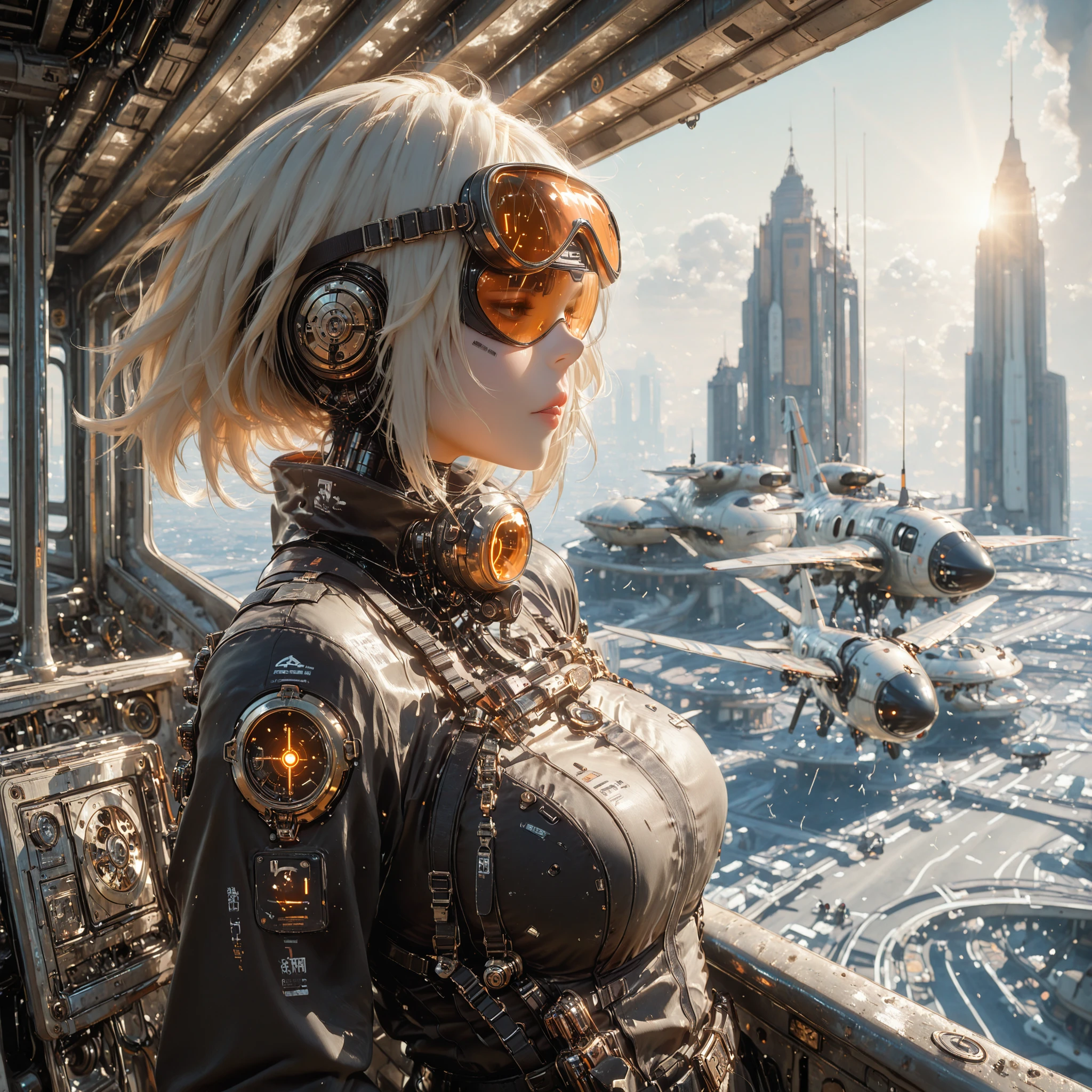 (masterpiece, best quality, highly detailed),
A detailed illustration of a futuristic scene: a sleek aerial automaton — a large, elegant flying machine with polished metallic panels, exposed gears, and glowing energy conduits — flies just above a pristine futuristic highway, skimming close to the smooth road surface as if gliding along its path in the bright daylight city.
The environment is clean and utopian, with well-maintained roadways, subtle glowing lane markers, and futuristic design elements.
Buildings rise only in the distant background, leaving the highway wide and open, free from oppressive.
Atop the automaton rides a tall, slender girl dressed in mechanic-style attire: sturdy workwear with functional straps and pockets, protective gloves, and a pair of sleek goggles over her eyes.
Her hair flutters in the wind as she looks ahead with determination.
The composition emphasizes the harmony between the automaton’s intricate engineering and the girl’s adventurous spirit, with sunlight gleaming off metallic surfaces, the futuristic highway stretching into the horizon, and hints of utopian city architecture in the distance.
