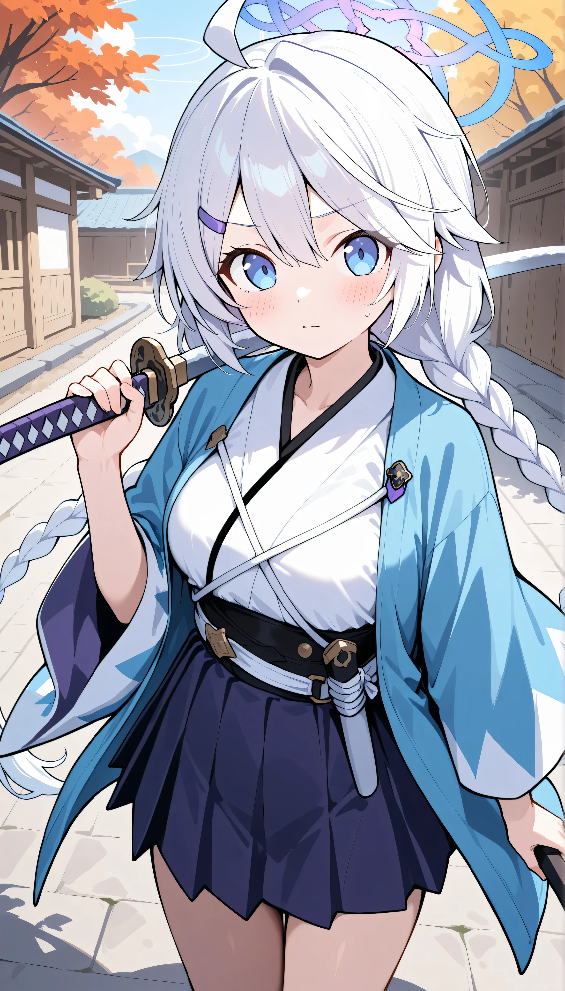 kirino (blue archive),blue eyes,white hair,very long hair,ahoge,twin braids,halo,hairclip,medium breasts, solo, I can see my eyebrows from the inside of my hair, hair between eyes,　 masterpiece, Best Quality, very aesthetic,　 japanese clothes, white kimono, purple mini skirt,  outdoor,  japanese town, Holding a weapon in hand, gripping katana, autumn, in the evening, momiji,　Shinsengumi Haori,　