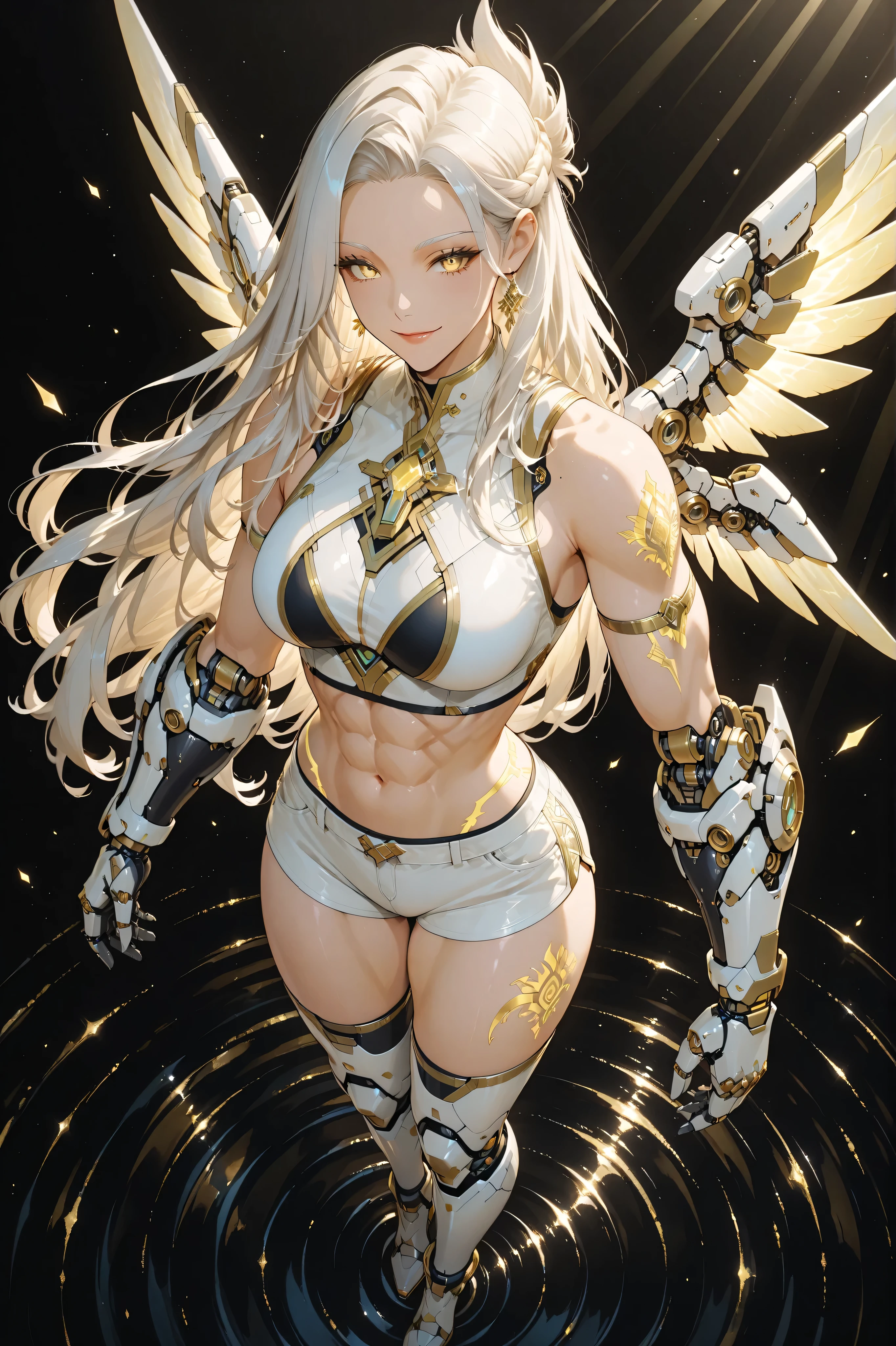 Full body shot from above, showing the face of a tall, elegant, and very muscular mature woman radiating warmth and divine grace. Her tied long flowing godddess hairstyle golden-white hair shines softly with sunlight highlights, tied neatly behind her shoulders. She wears a wide gentle smile, her golden eyes filled with kindness. Her pose is a goddess pose flying in the air. She wears a sleeveless Silver-White combat top and fitted Silver-White shorts with Golden-yellow accents, revealing her sculpted bare arms and abs. Her mechanized reinforced gauntlets and golden-trimmed mechanized Over-the-knee mechanized reinforced boots and mechanized wings gleam with radiant light patterns. Glowing golden tattoos flow all over her body, her arms, body, and thighs, pulsing with divine energy. A swirl of gold, silver, and yellow aura mist surrounds her, rippling like wind. Simple black background, cinematic lighting, anime style, highly detailed, divine and powerful atmosphere.