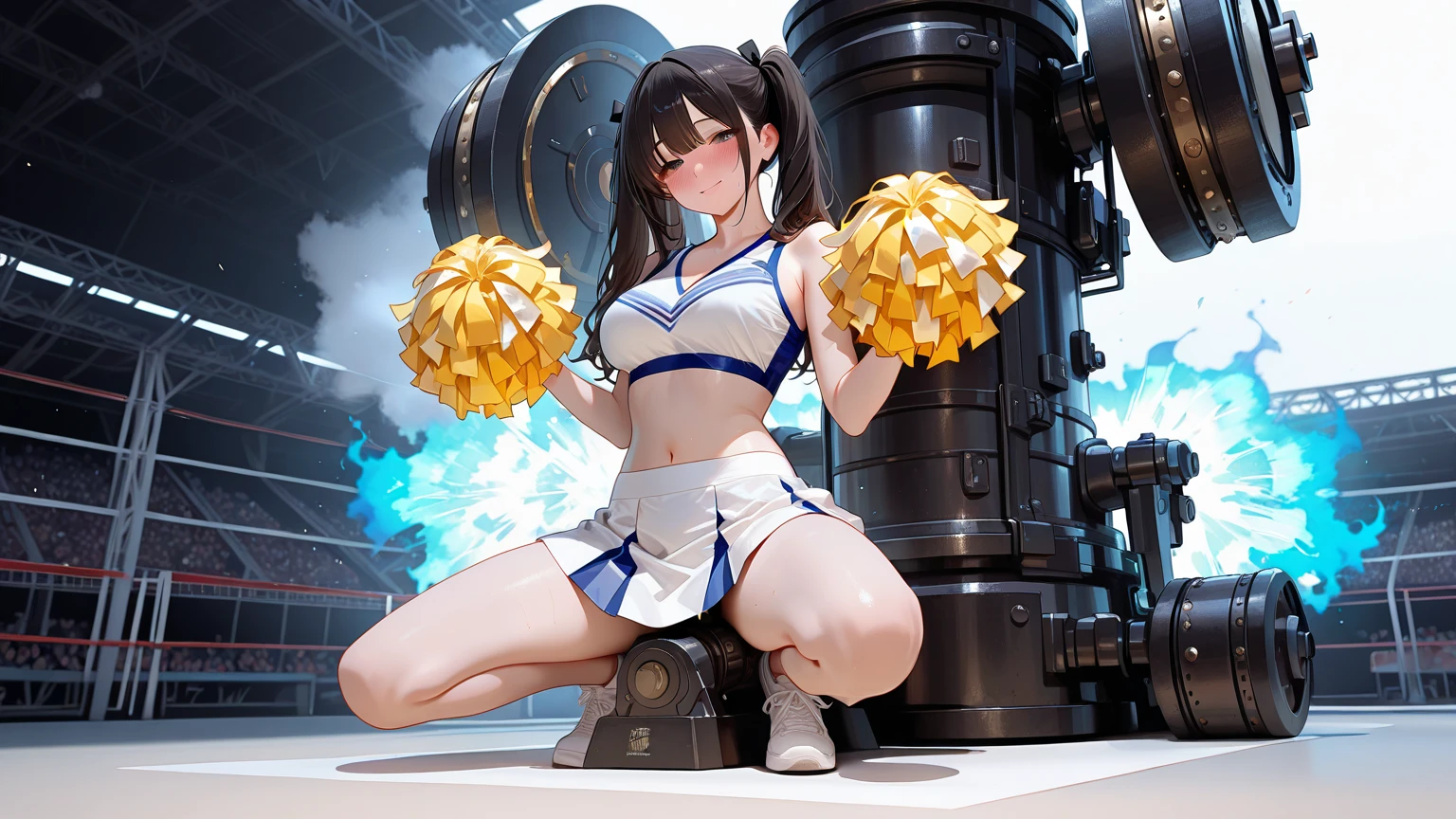 Best image quality、High resolution、Delicate face、Beautiful woman with perfect style、Squint your eyes、Cheerleading Girl、Cheerleading Girls Skirt、Big  and small waist、Thin legs，black，hold it in your hand,Jump,(Delicate and beautiful eyes)，（（Huge breasts）），The original skin is visible through the grooves