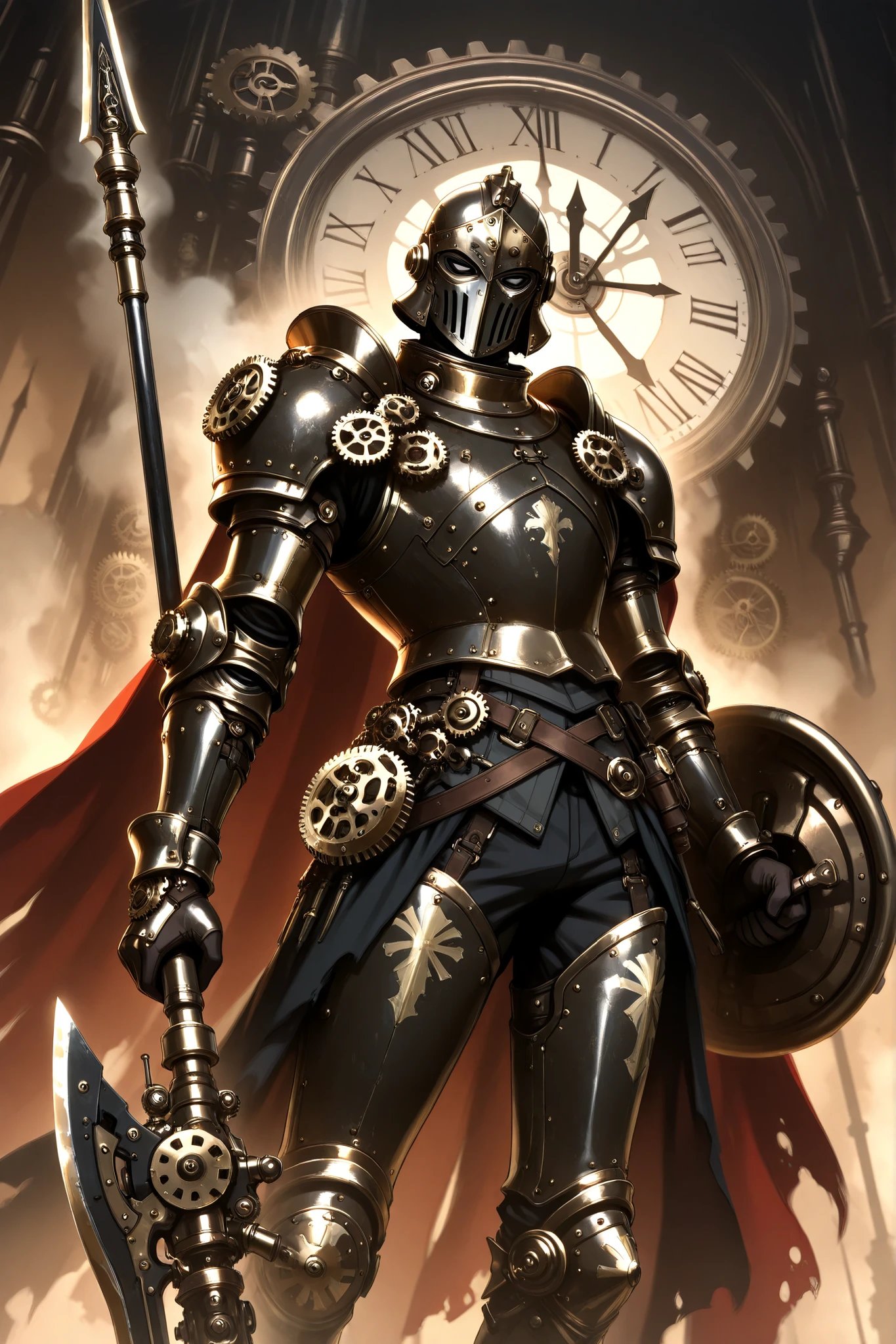 (masterpiece, best quality: 1. 2), highres, 8K, CG, (((Anime))), (1 male), lean body, ((very masculine)), Japanese anime style ((beautiful black eyes)), bronze steampunk armor, (clunky steam-punk armor, confident, manly, fully covered helmet, fine (ultra detailed face), shiny skin, long-legged, sculpted face, majestic armor, Grand Turquoise colored cape, Holding a gun, ((steam-punk armor)) dramatic angle, dynamic posture,((Holding extremely detailed steampunk spear and shield)), whole body, emphasize face, focused expression, sharp focus, oblique angle, armor produced huge steam (steam coming out of armor), charismatic pose, (best illustration), cinematic, super detailed, dramatic lighting, (intricate detail, super detail, extreme detailed), reflection, pearly luster, ((highly detailed artwork)), dramatic shadows, tenebrism, chiaroscuro, wonderful pose, chiseled features, stark contrast, heavy shadows, detailed gears and clock-work, beautiful and aesthetic, photoreal, from below, rusty and greasy accessories, Heavy armor, ultra detailed suit, he dressed in bronze, broad shoulder, sharp eyes, true-to-life visuals, artistically refined, dramatic contrasts, ((extremely delicate and beautiful steampunk armor)), rusty steampunk armor, toned male, exquisite, wonderful bronze armor, bronze armor with intricate engravings,(128K Ultra High Resolution), very old and rusty, dark fantasy steam-punk knight, slim waistlines, wide chested, sinewy body, background of a steam-punk city with floating balloons.