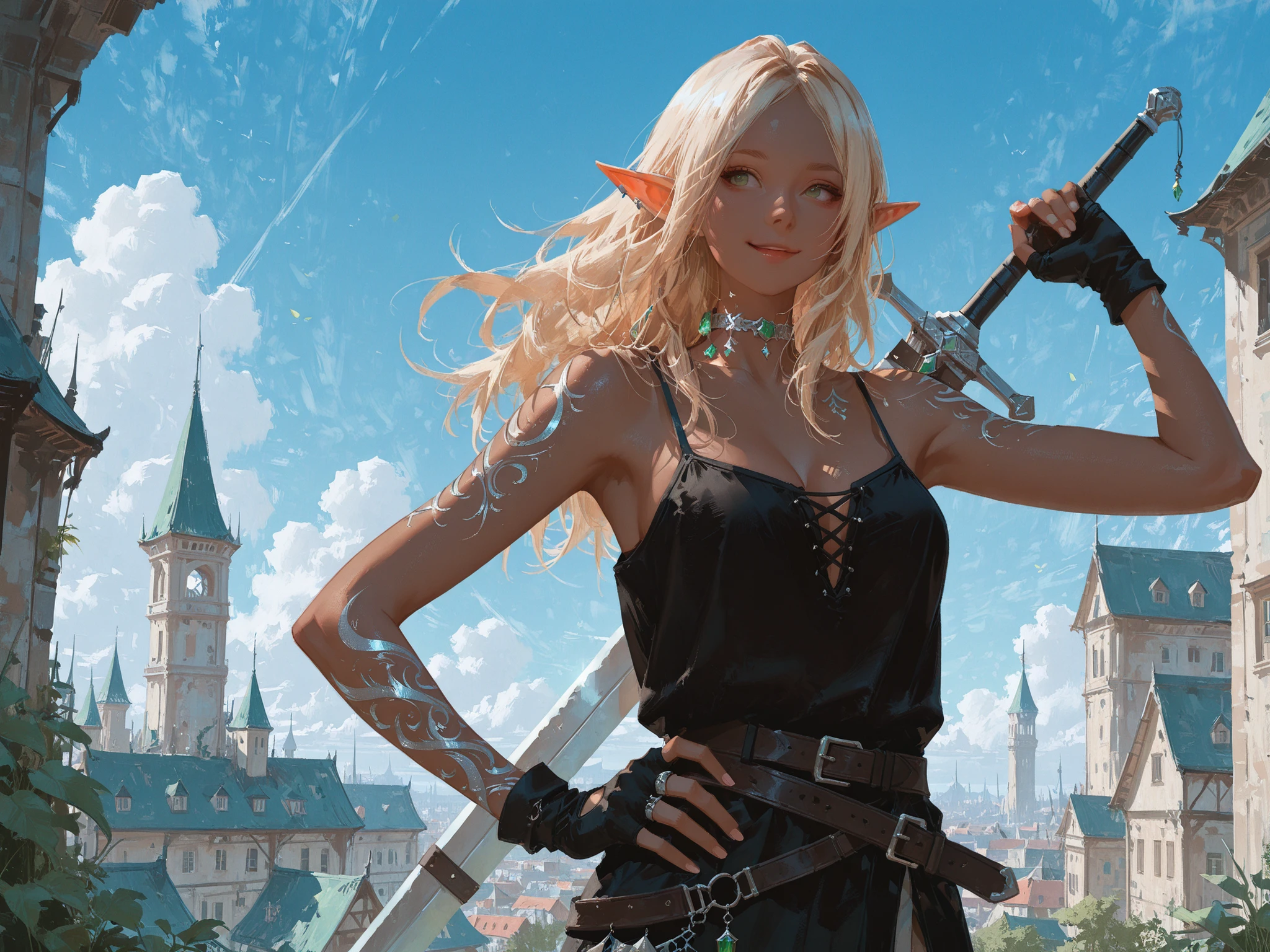 upper shot, makes an aesthetic, Master piece, Best Quality, ultra detailed, a beautiful girl, elf, solo, Long Hair, beautiful blond hair, dark skinned, smiling, stylish silver-tattoo on neck, fingerless gloves, black camisole with jewel ornament, carries a large sword on back, beautiful green eyes, hand on own hip fantasy-style city, blue sky, fantasy world