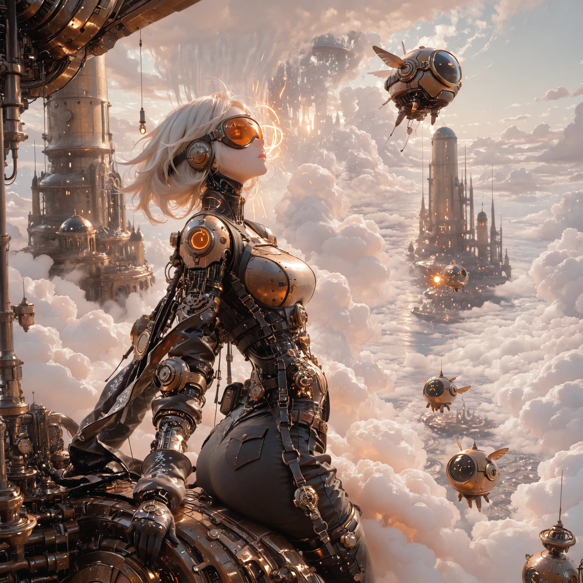 (masterpiece, best quality, highly detailed),
A detailed illustration of a futuristic steampunk-inspired scene: a sleek aerial automaton — a large, elegant flying machine with polished metallic panels, exposed gears, and glowing energy conduits — soaring gracefully above a vast sea of clouds.
Below, layers of white mist stretch endlessly, while far in the background, the majestic floating city rises above the clouds — a grand aerial metropolis adorned with domed towers, suspended bridges, and glowing brass structures, blending advanced technology with ornate classical design.
Atop the automaton rides a tall, slender girl dressed in mechanic-style attire: sturdy workwear with functional straps and pockets, protective gloves, and a pair of sleek goggles over her eyes.
Her hair flutters wildly in the wind as she looks ahead with determination and curiosity.
The composition emphasizes the harmony between the automaton’s intricate engineering and the girl’s adventurous spirit, bathed in warm sunlight that reflects off metallic surfaces, with drifting clouds and atmospheric light adding depth and a sense of limitless altitude.