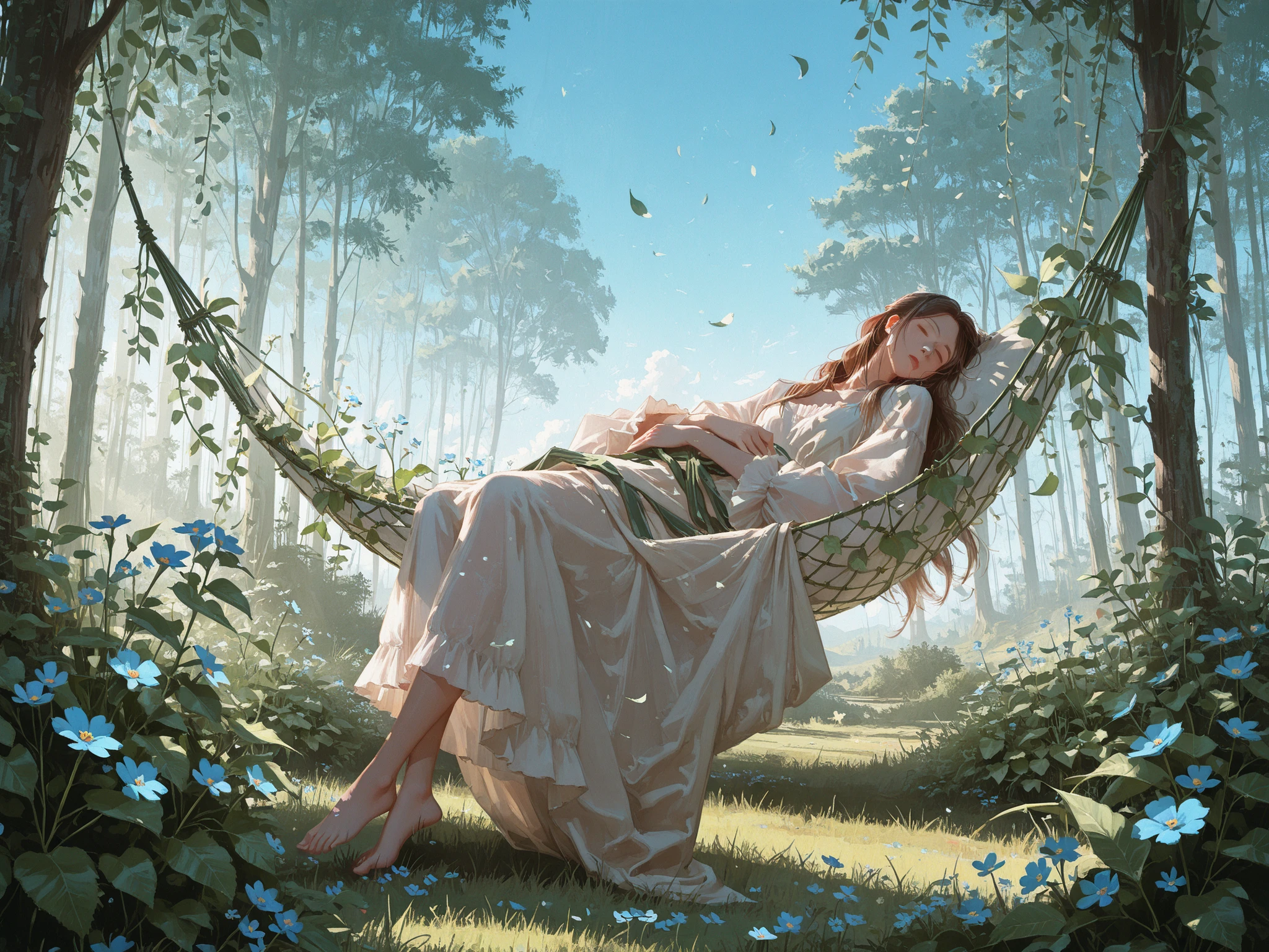 medium shot, front shot, makes an aesthetic, Master piece, Best Quality, ultra detailed, a beautiful girl, solo, Long Hair, Long medieval-style graceful dress, white dress, barefoot, sleeping, vine and flower Hammock, deep forest, forest of fairy, filled with forget-me-not(myosotis scorpioides), greenery, morning, wind, petals, blue sky, fantasy world