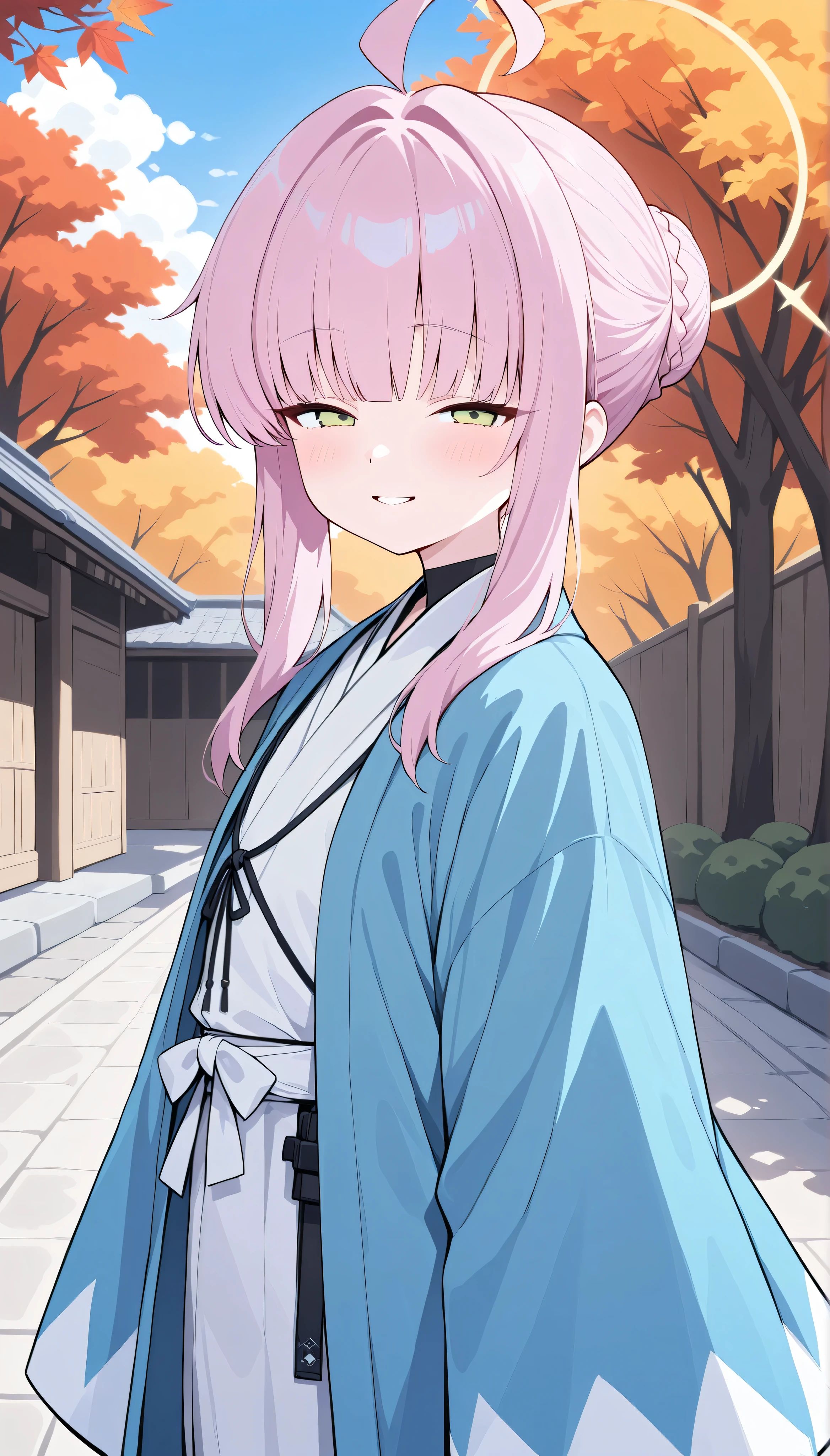 shiranui kaya (blue archive), halo, pink hair, blunt bangs, sidelocks, braided bun, tied hair, ahoge, green eyes, solo, I can see my eyebrows from the inside of my hair, hair between eyes,　 masterpiece, Best Quality, very aesthetic,　 japanese clothes, white kimono,   outdoor,  japanese town,  autumn, in the evening, momiji,　Shinsengumi Haori,　half-closed eyes,　smile, parted lips,