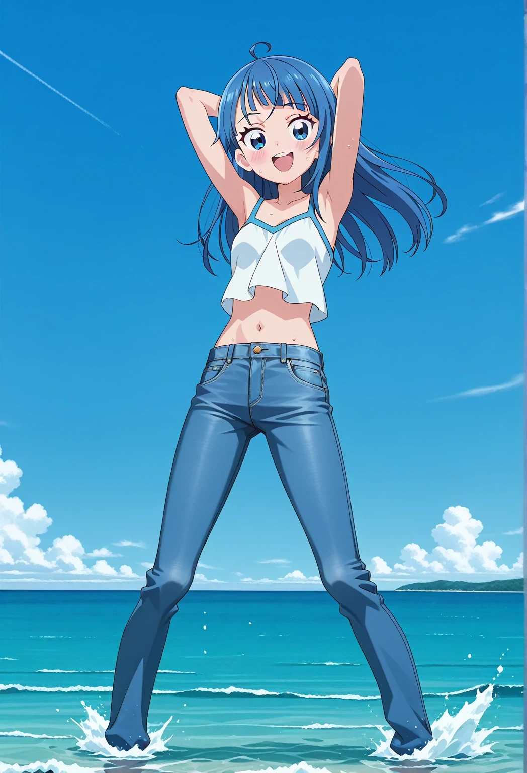 score_9, score_8_up, score_7_up, source_anime, highres, hi res, ((best quality, top quality, perfect quality, Highest Quality, amazing quality)), {{masterpiece}}, {{an extremely delicate and beautiful}}, 2d, intricate details, official style, anime, 8k, anime style, official_anime, official art, digital painting, cell shading, soft shading, high resolution, soothing tones, Subdued Color, Soft cinematic light, adobe lightroom, photolab, HDR, intricately and hyper-detailed, ((high quality animation)), 1 girl, Alone, solo, ((ocean)), tsunami, on the water, day, sunny, outdoors, sky, windy, sora harewataru, Hirogaru Sky! Precure, blue eyes, blue hair, ((long hair:1.4)), ahoge, anime screencap, small breasts, white camisole top, crop top, white crop top, best quality, hyper-detailed jeans, ((blue jeans:1.9)), (dark blue jeans:0.6), full medium body, medium shot, Open mouth, smiling, happy face, blush, sweat, standing, ((arms behind head:6.0)), ((hair separate from arms:3.5)), bowlegged, jumping pose, action, looking at viewer, spread legs, Bend knees slightly, straight-on front view