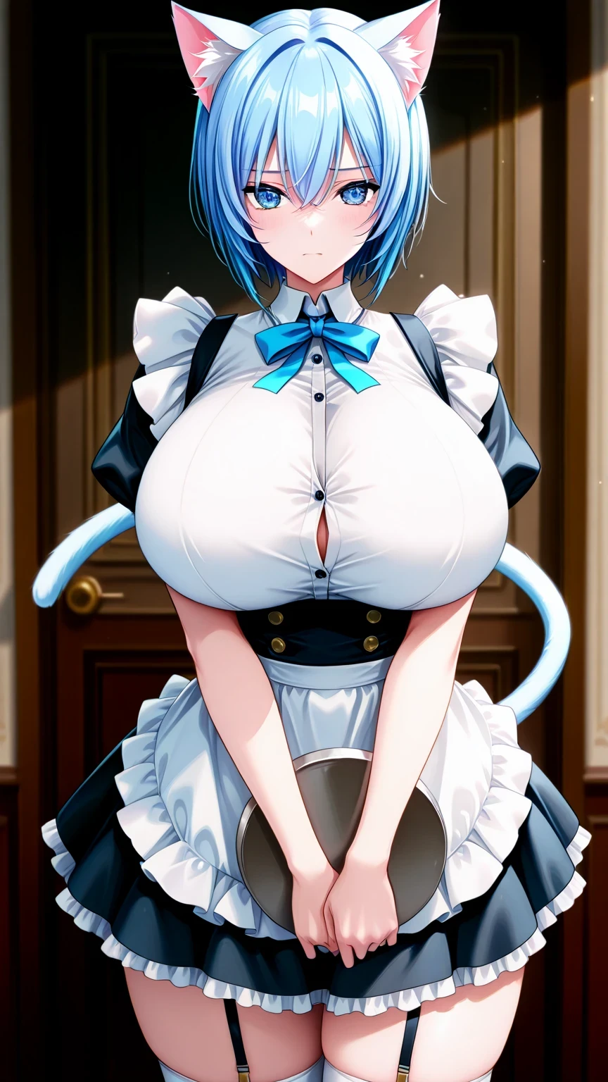 1 girl, blue hair, short hair, blue eyes, , cat girl, cat ears, cat tail, maid, maid costume, shirt, apron, facing viewer, looking at viewer, standing,