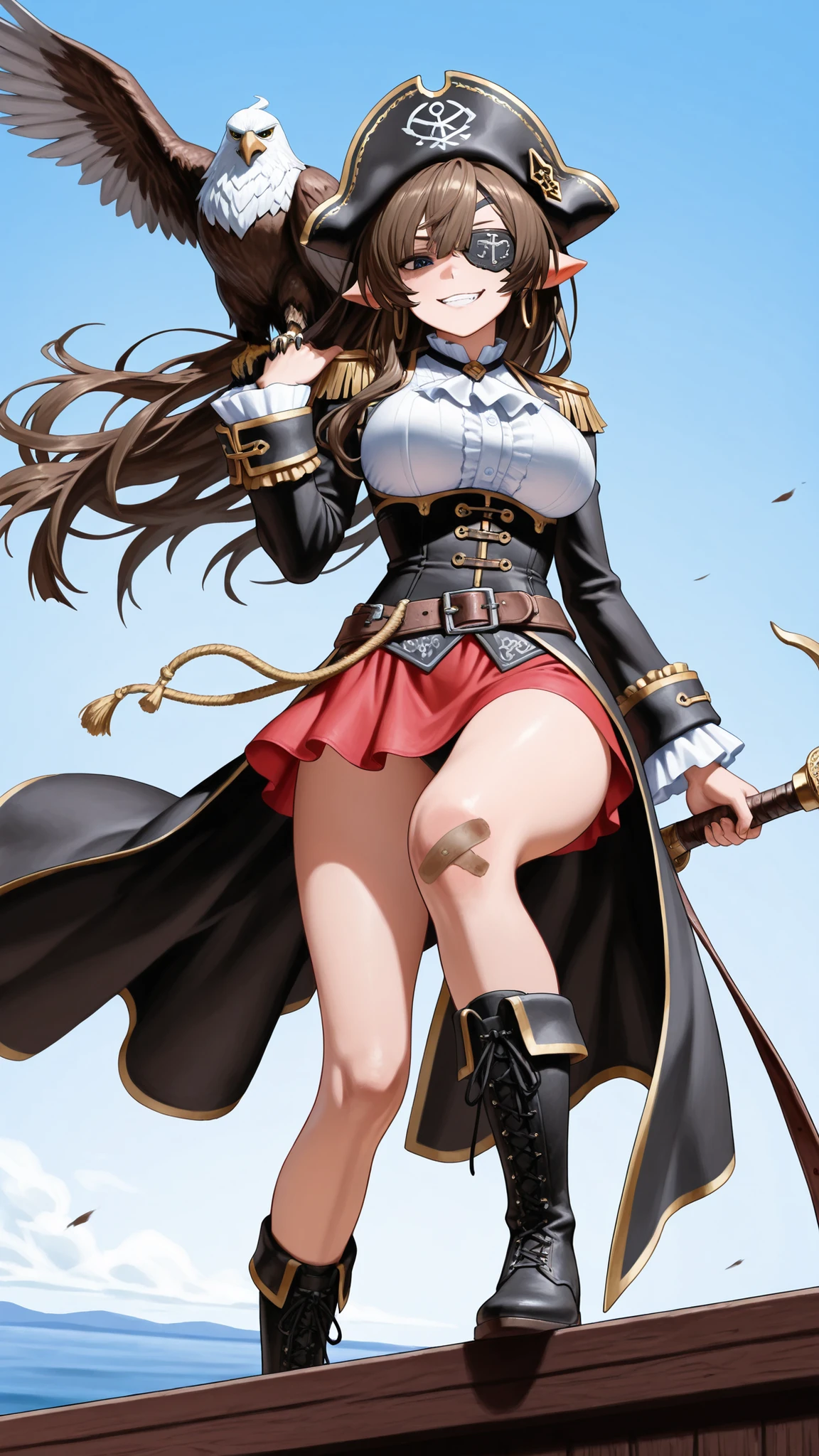 masterpiece, Highest Quality, amazing quality,female pirate,Full Body,Cool Poses,fearless smile,looks down at viewers,Long Hair Fluttering in the Wind,black eye patch on right eye,red mini dress,black lace-up boots on knee,He is carrying a large eagle on his left shoulder,On a Galleon,Clear Sky