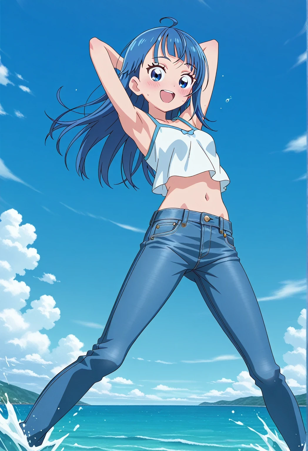 score_9, score_8_up, score_7_up, source_anime, highres, hi res, ((best quality, top quality, perfect quality, Highest Quality, amazing quality)), {{masterpiece}}, {{an extremely delicate and beautiful}}, 2d, intricate details, official style, anime, 8k, anime style, official_anime, official art, digital painting, cell shading, soft shading, high resolution, soothing tones, Subdued Color, Soft cinematic light, adobe lightroom, photolab, HDR, intricately and hyper-detailed, ((high quality animation)), 1 girl, Alone, solo, ((ocean)), tsunami, on the water, day, sunny, outdoors, sky, windy, sora harewataru, Hirogaru Sky! Precure, blue eyes, blue hair, ((long hair:1.4)), ahoge, anime screencap, small breasts, white camisole top, crop top, white crop top, best quality, hyper-detailed jeans, ((blue jeans:1.9)), (dark blue jeans:0.6), full medium body, medium shot, Open mouth, smiling, happy face, blush, sweat, standing, ((arms behind head:6.0)), ((hair separate from arms:3.5)), bowlegged, jumping pose, action, looking at viewer, spread legs, Bend knees slightly, straight-on front view