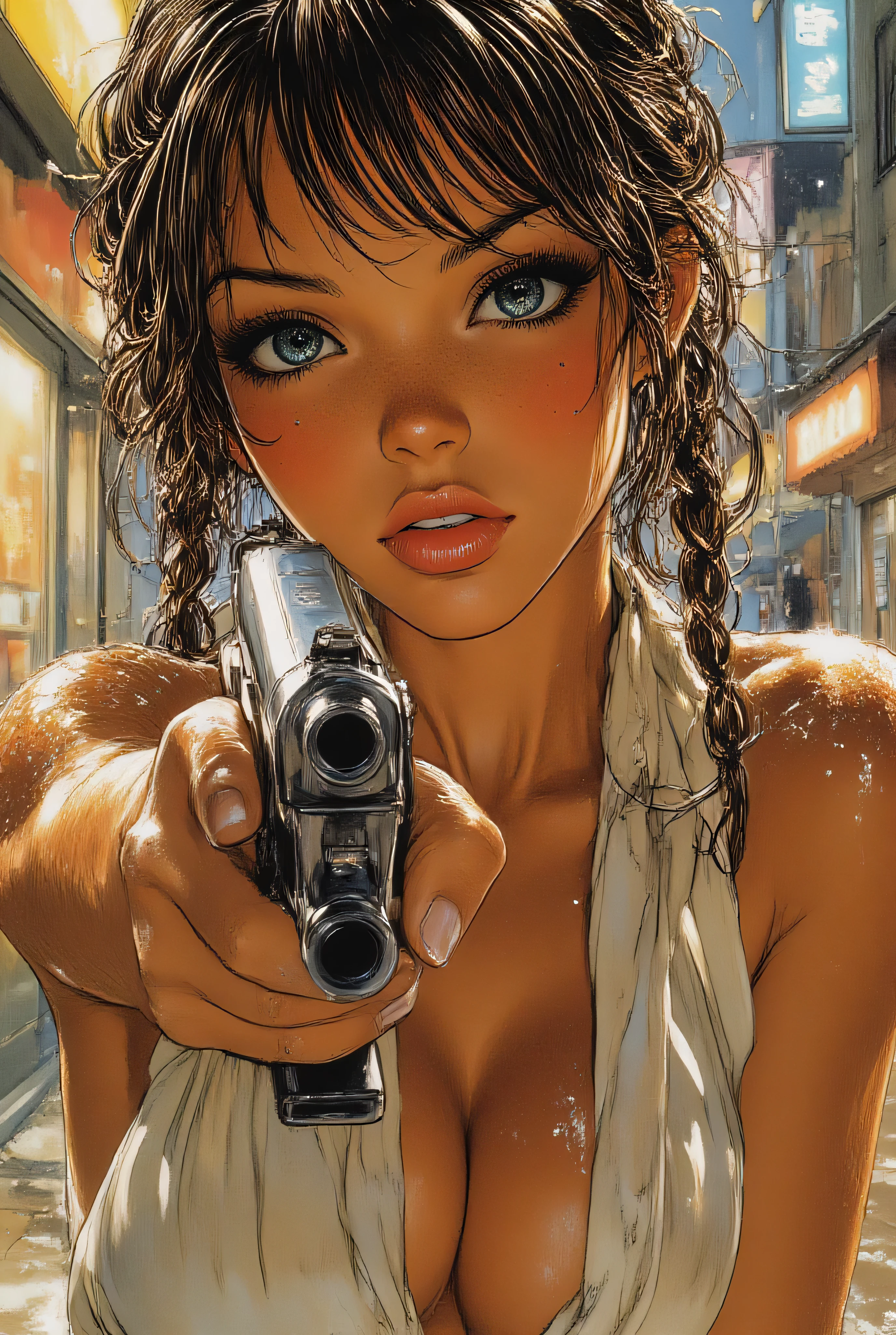 Soggetto
1 breathtaking woman
(facing viewer, looking at viewer, intense gaze)
(holding gun (perfect design), aiming at viewer)
(challenge smile, confident)
(wet hair, long braids, strands of hair sticking to face and neck)
(wet white tank top, no bra visible underneath, wet clothes clinging to body, sexy transparent)
(cleavage, toned arms)
(dynamic pose)
Background
(urban alleyway background)
(rainy night)
(neon lights in distance, blurred background, bokeh)
(rain, raindrops on lens effect, subtle steam from ground)
(gritty atmosphere, cyberpunk aesthetic hints)
Stile
(extremely detailed CG unity 8k wallpaper)
(photorealistic, finely detailed skin, perfect eyes, perfect anatomy)
(RAW photo, highest resolution, unreal engine 5, octane render)
(rule of thirds composition)
Luci
(cinematic lighting, dramatic shadows, volumetric fog in background)
(subtle reflections)
(atmospheric perspective)
(sharp focus on face and gun)
(soft bokeh background)
Qualità
(best quality, masterpiece)
(intricate details: wet skin, glistening water droplets, subtle reflections)
(realistic shading, subsurface scattering on skin)
(finely detailed skin, perfect eyes, perfect anatomy)
